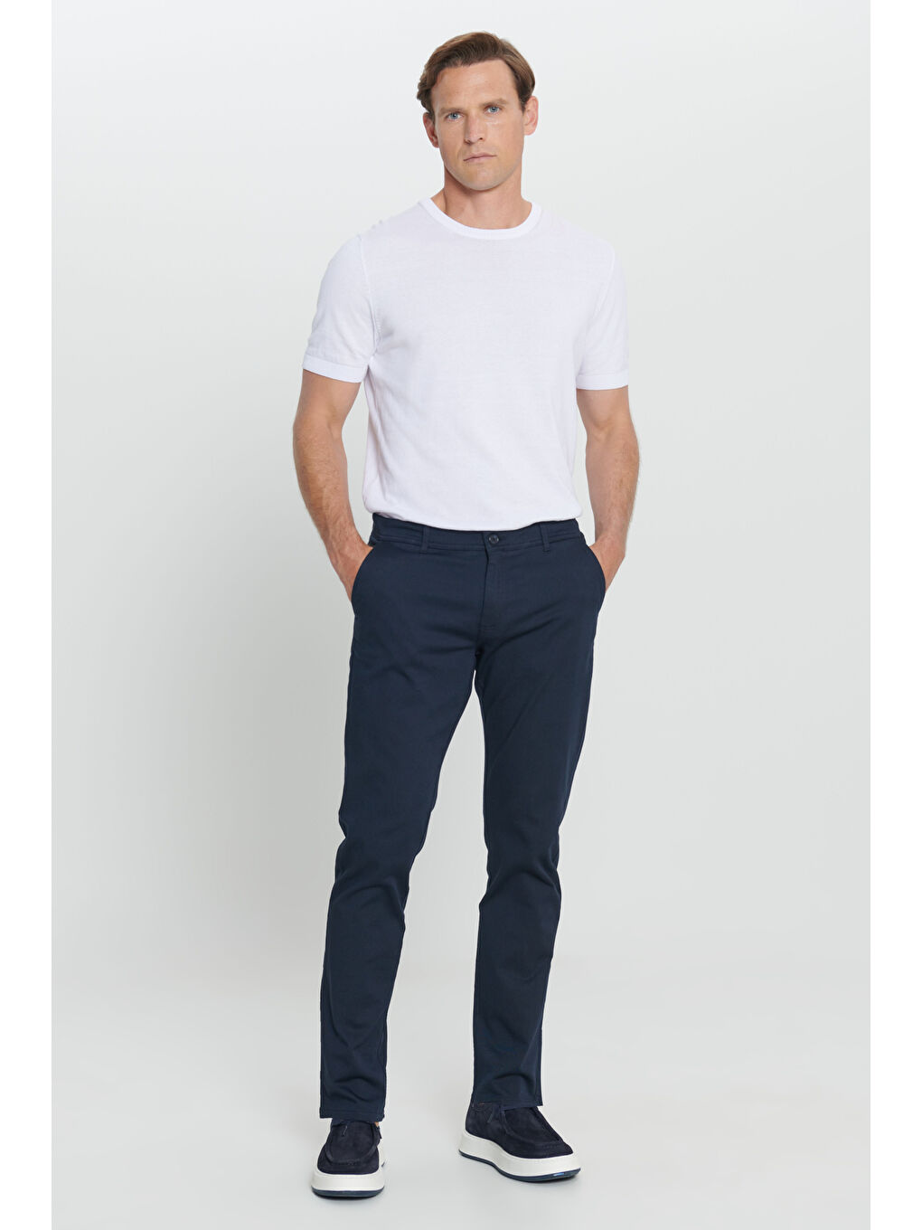 Erkek Lacivert Slim Fit Dar Kesim Pamuklu Esnek Chino Pantolon-1