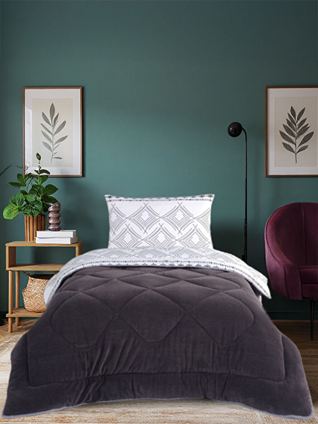 Yeni Nesil Wellsoft Comfort Yatak Seti Tek Kişilik Antrasit Flower Desen 155x215 cm