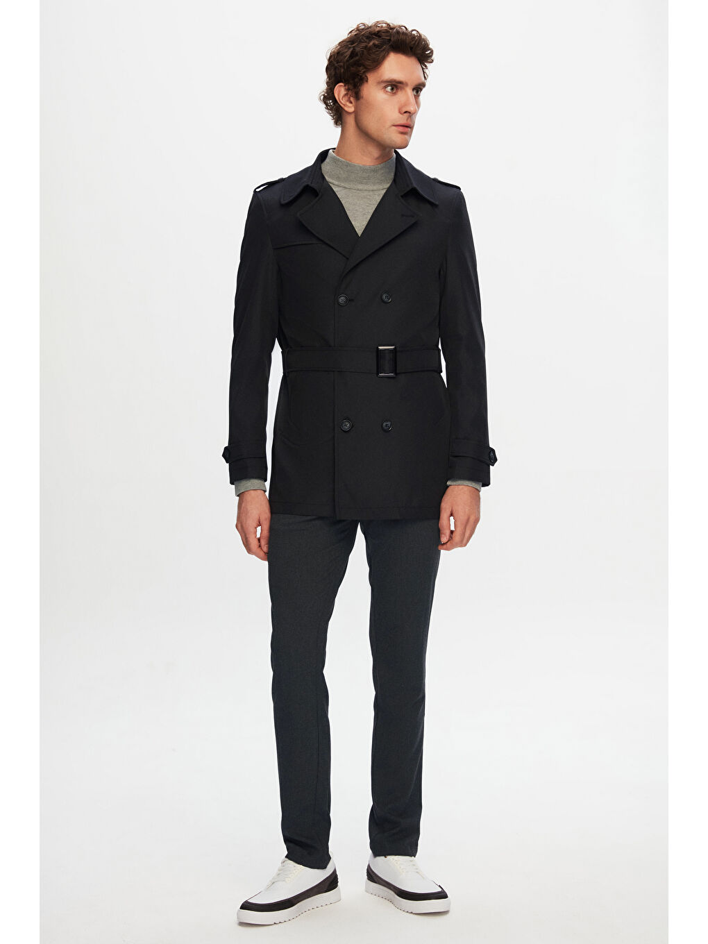 Regular Fit Siyah Apoletli Beli Kemerli Pardösü/Trenckot-5