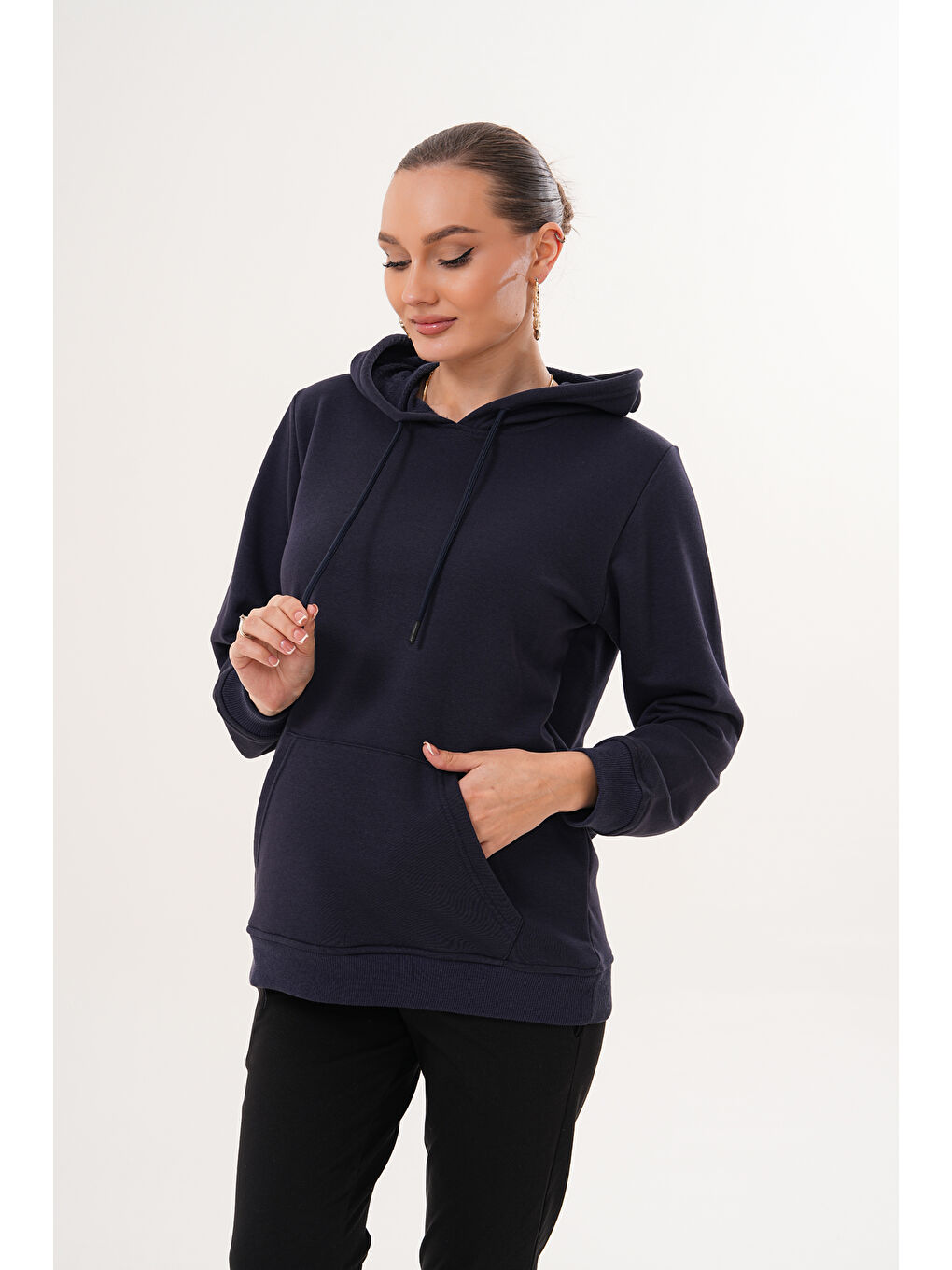 Lacivert %100 Pamuk Hamile ve Lohusa Basic Kapüşonlu Sweatshirt-2