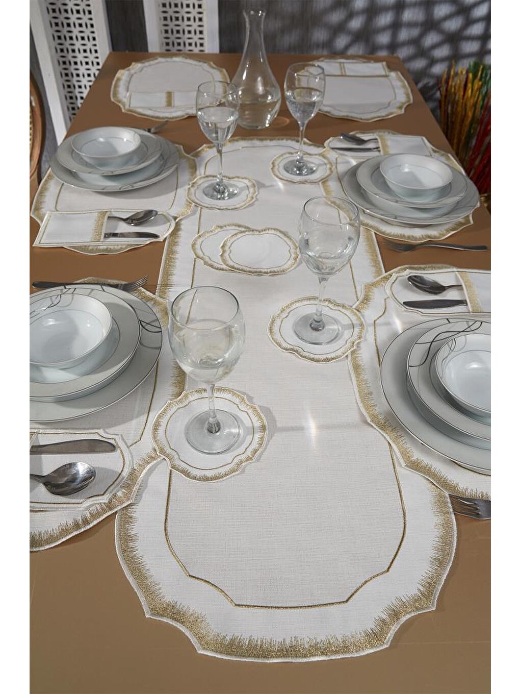 Sarı Aslı Keten Nakışlı Amerikan Servis Takımı 19 Parça Gold-6