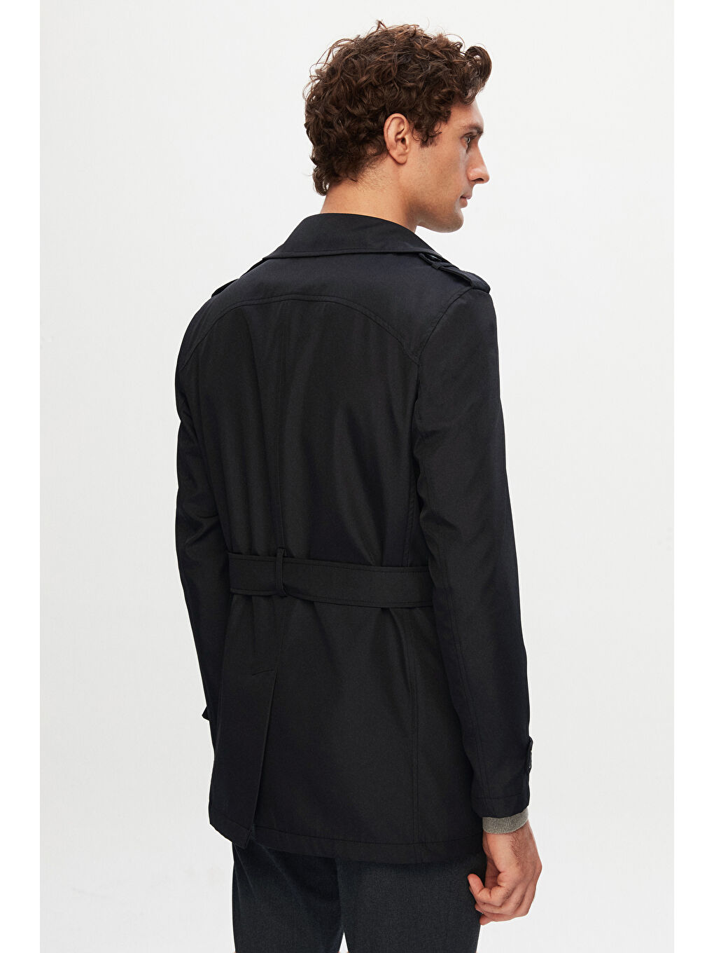 Regular Fit Siyah Apoletli Beli Kemerli Pardösü/Trenckot-6