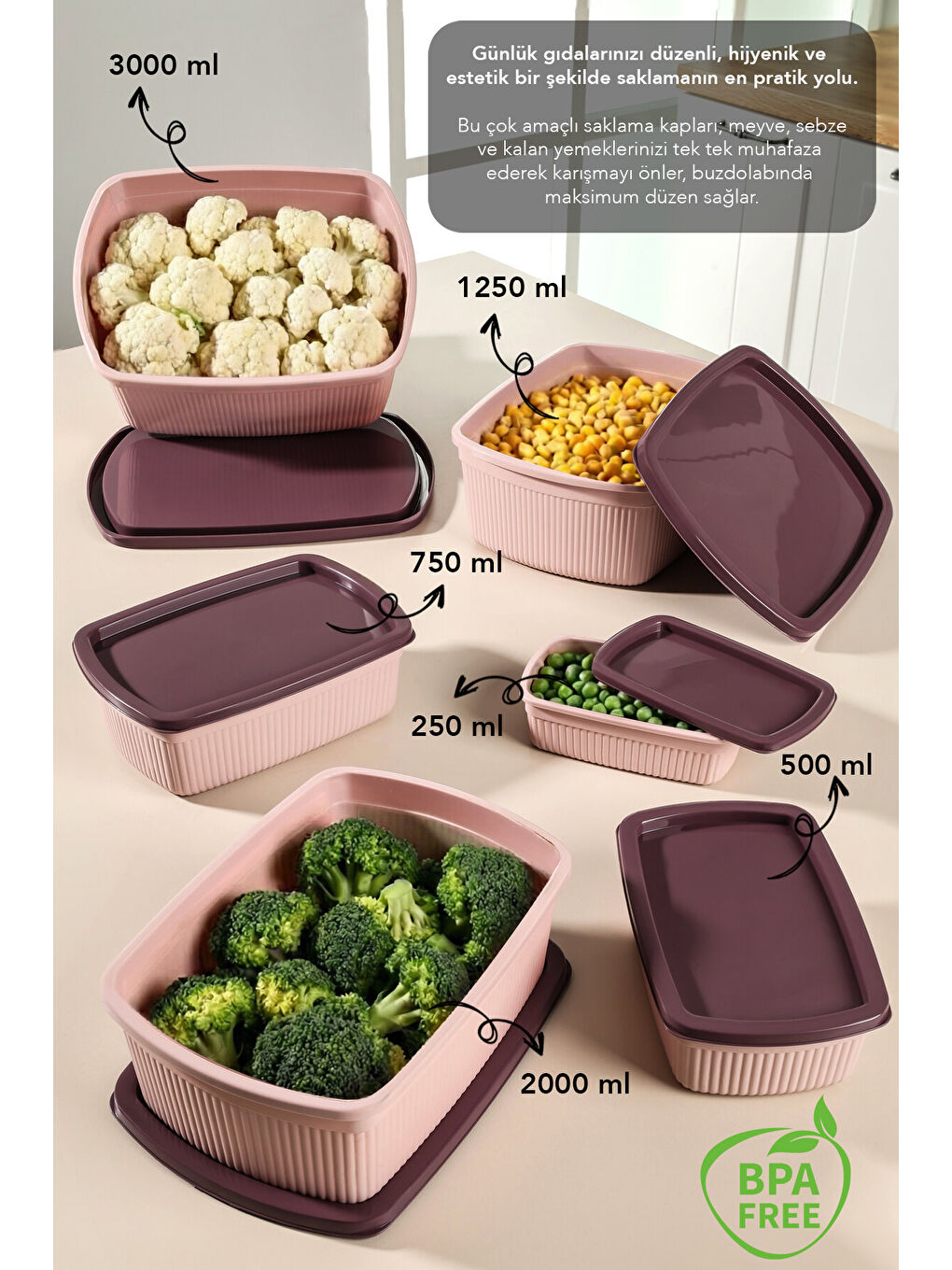 Pembe 14'lü Çizgili Dikdörtgen Gıda Saklama Kabı Seti-1