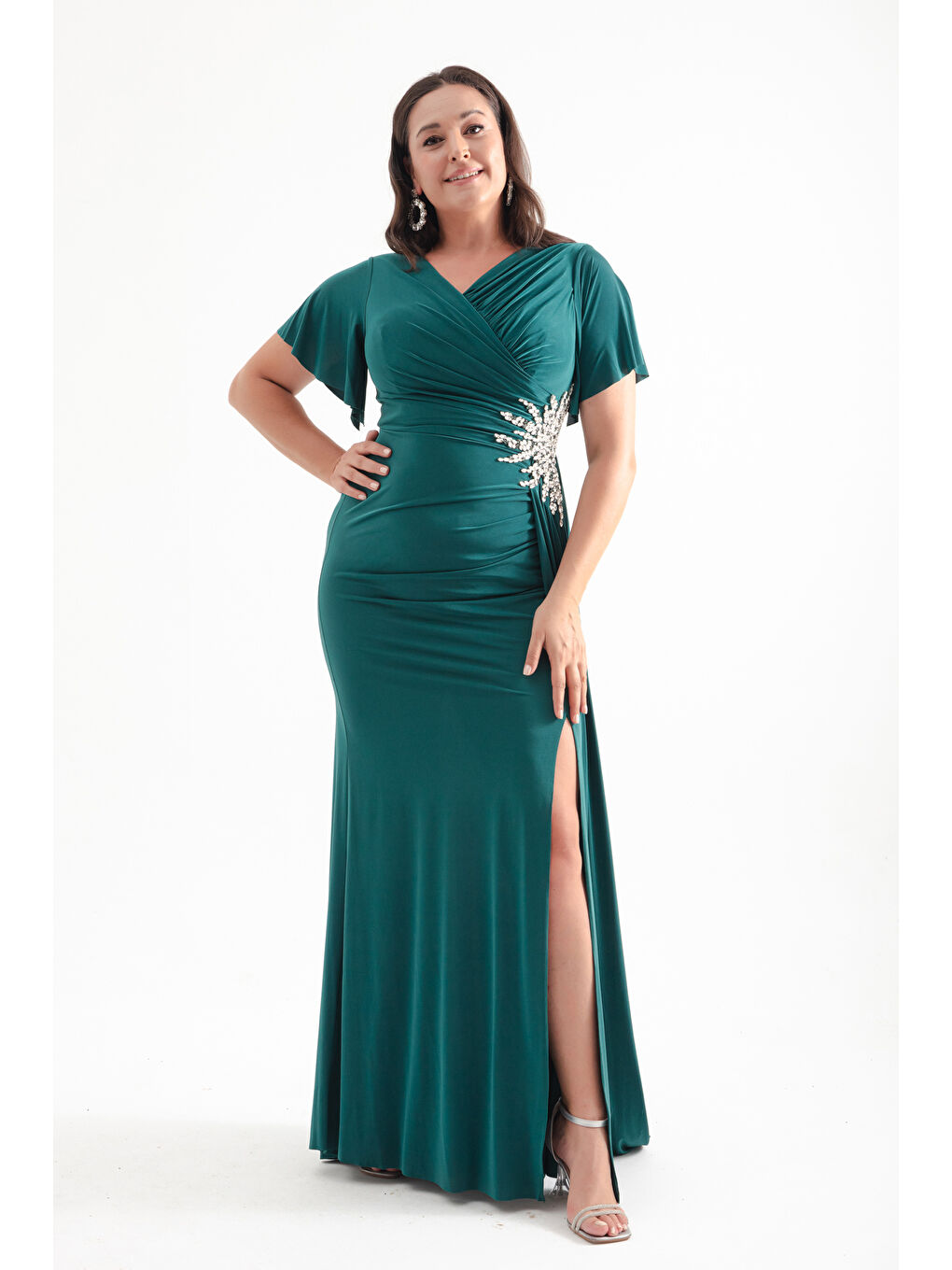 Kadın Zümrüt Yeşili Kruvaze Yaka Taşlı Büyük Beden Abiye-2