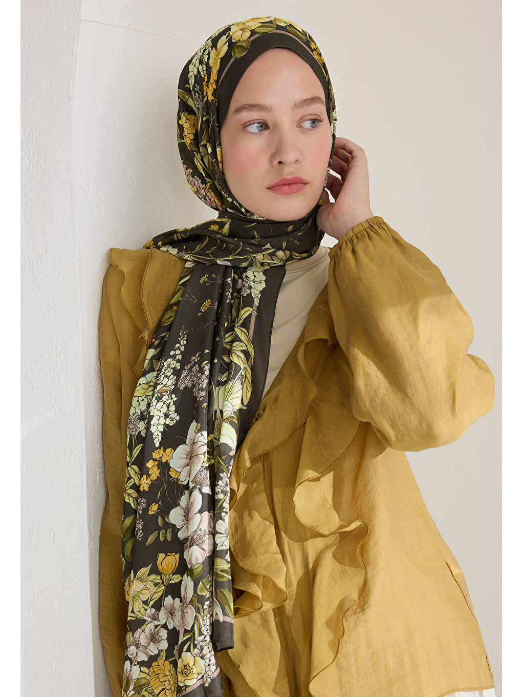 Valentına Floş Viskon Şal Koyu Haki-1