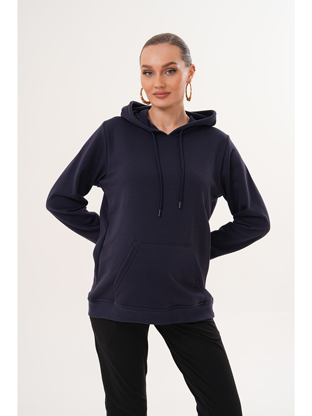 Lacivert %100 Pamuk Hamile ve Lohusa Basic Kapüşonlu Sweatshirt-3
