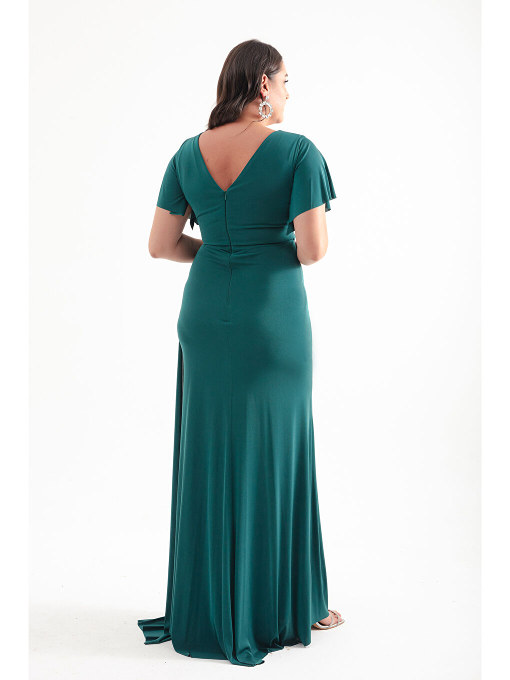 Kadın Zümrüt Yeşili Kruvaze Yaka Taşlı Büyük Beden Abiye-4