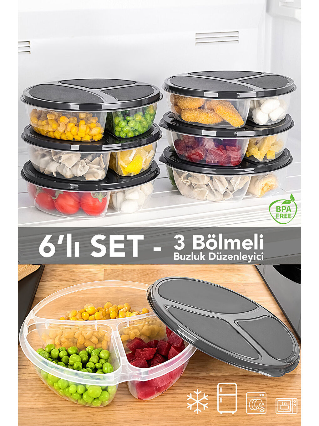 Gri 6 Adet Yuvarlak 3 Bölmeli Saklama Kabı