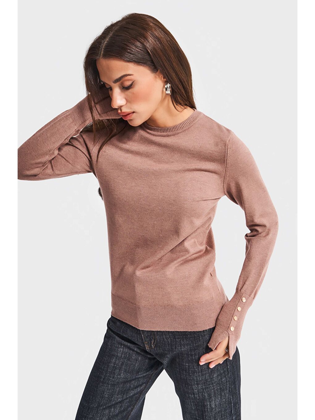 Kahverengi Kadın Kahve Renk w5-76 Örme Triko Kumaş Bisiklet Yaka Kol Aksesuarlı Triko