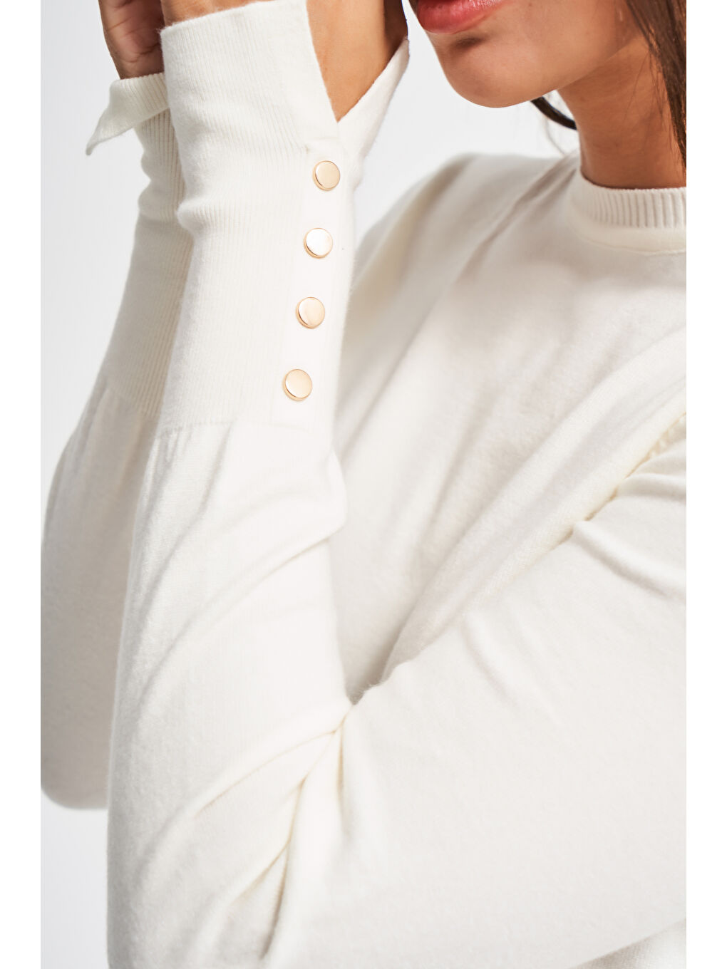 Kadın Ekru Renk w5-101 Örme Triko Kumaş Bisiklet Yaka Kol Aksesuarlı Triko-1