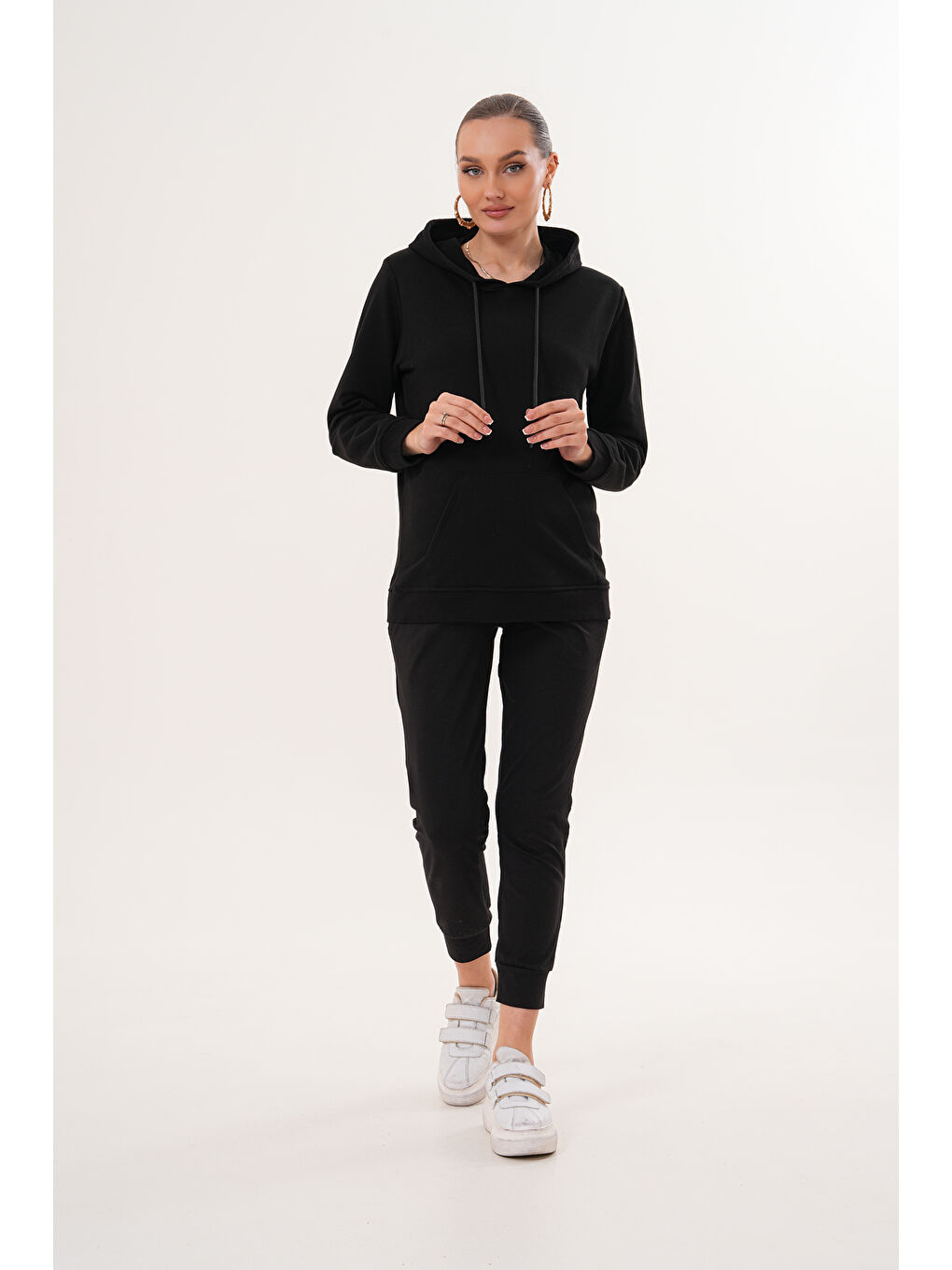 Siyah %100 Pamuk Hamile ve Lohusa Basic Kapüşonlu Sweatshirt