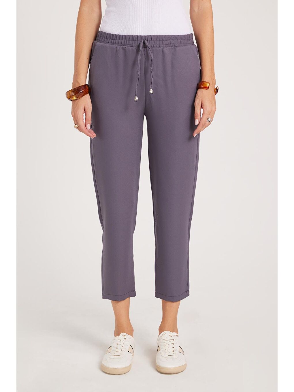 Kadın Relax Fit Rahat Kesim Yüksel Bel Dar Paça Beli Lastikli Bağcıklı Antrasit Pantolon