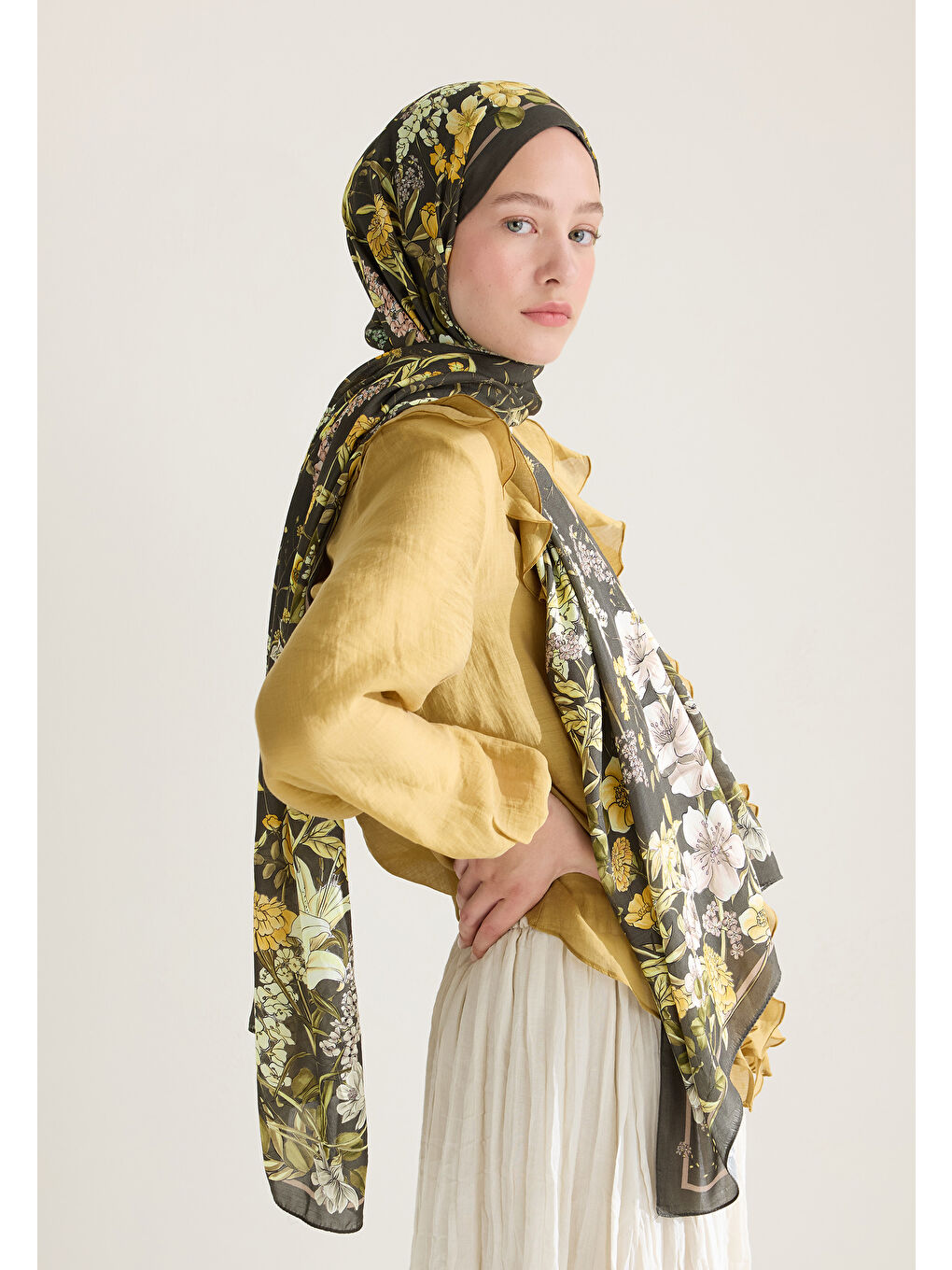 Valentına Floş Viskon Şal Koyu Haki-2