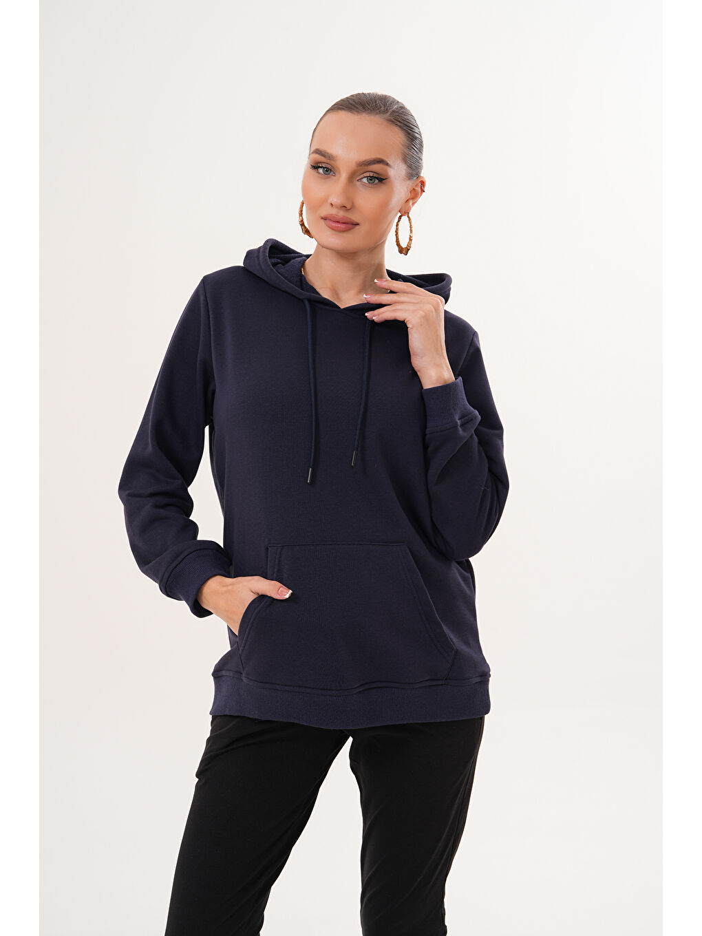 Lacivert %100 Pamuk Hamile ve Lohusa Basic Kapüşonlu Sweatshirt-4