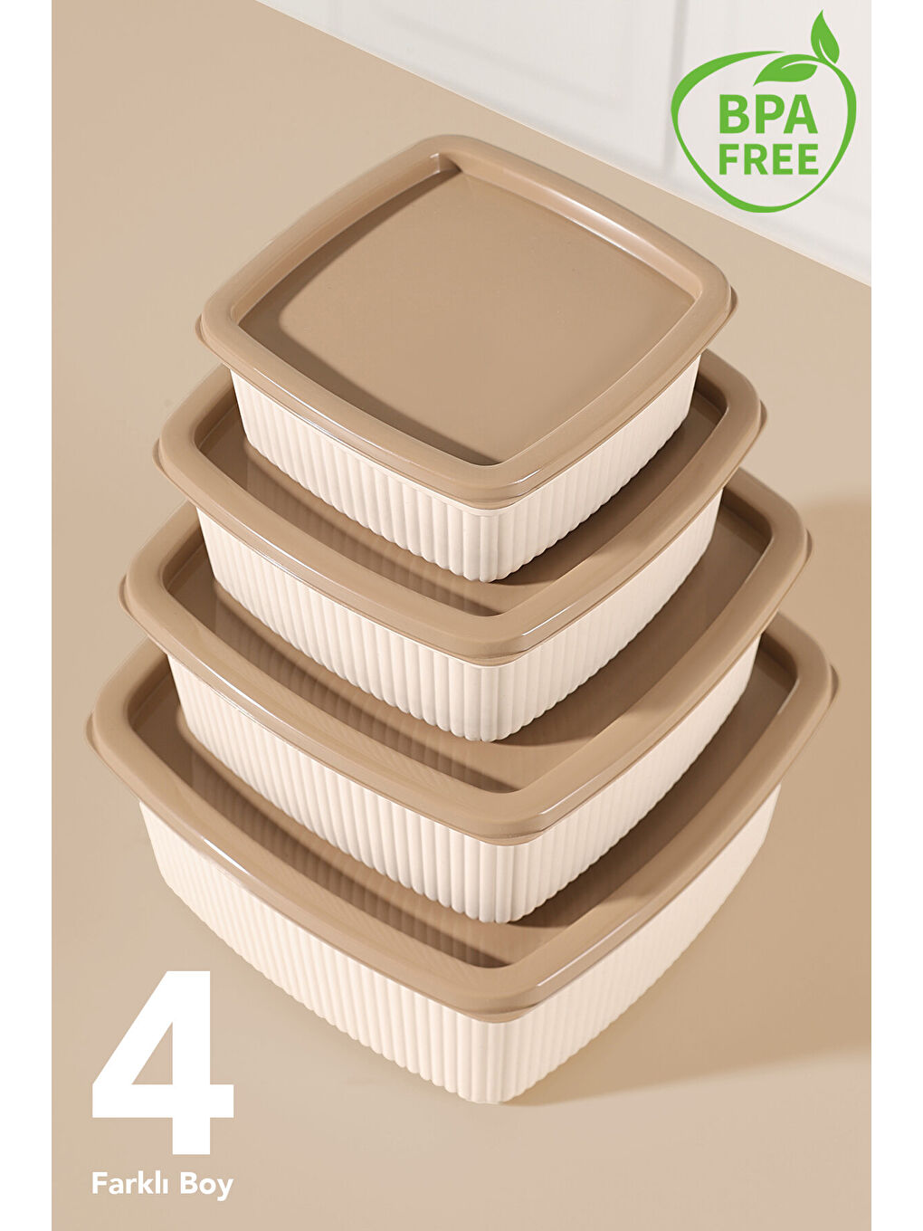 Bej 24'lü Çizgili Kare Gıda Saklama Kabı Seti-2