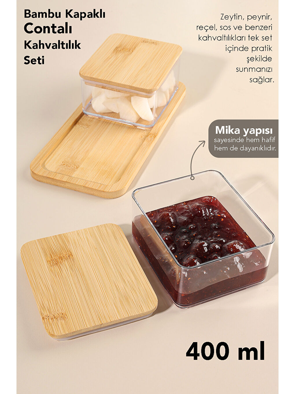 Bej Bambu Kapak Kapaklı Saklama Kabı 400 ml-1
