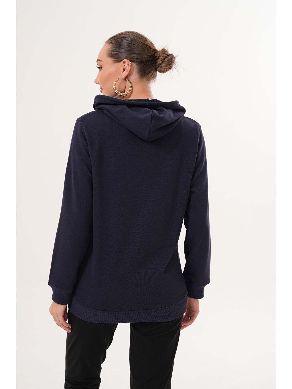 Lacivert %100 Pamuk Hamile ve Lohusa Basic Kapüşonlu Sweatshirt-5