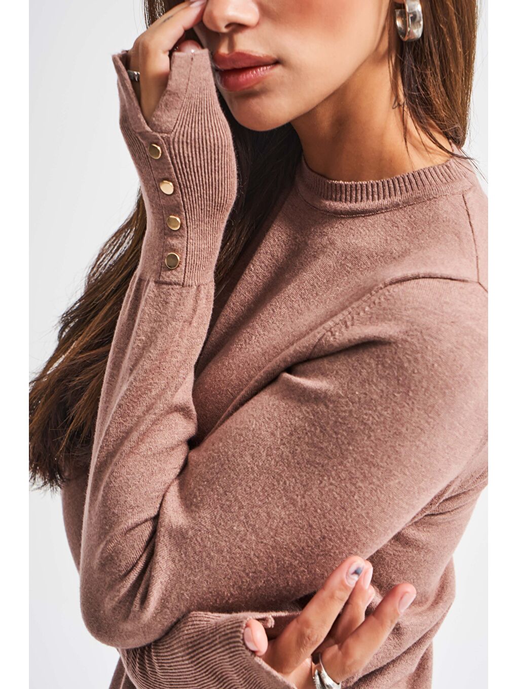 Kahverengi Kadın Kahve Renk w5-76 Örme Triko Kumaş Bisiklet Yaka Kol Aksesuarlı Triko-1