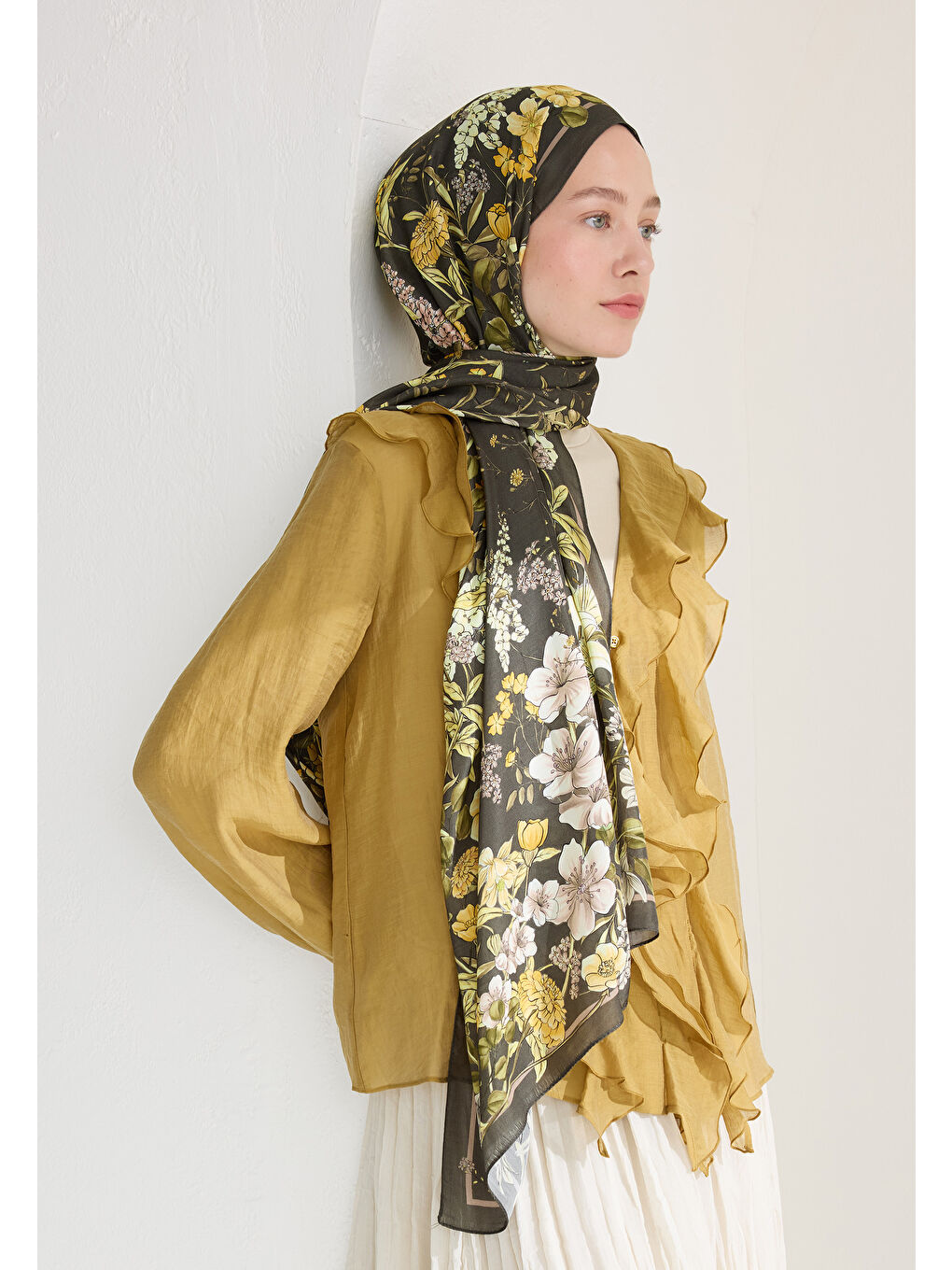 Valentına Floş Viskon Şal Koyu Haki-3