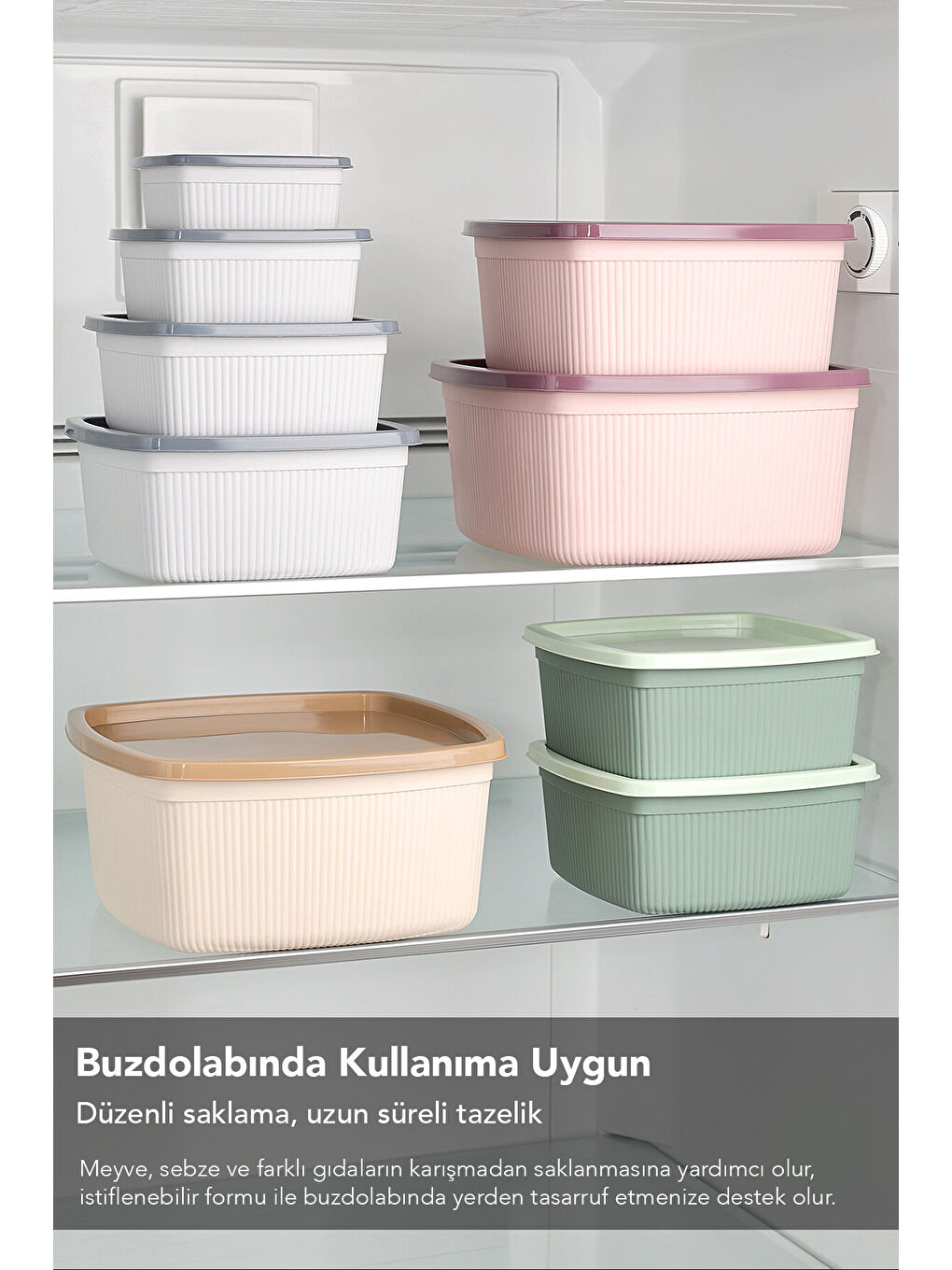 Bej 24'lü Çizgili Kare Gıda Saklama Kabı Seti-3