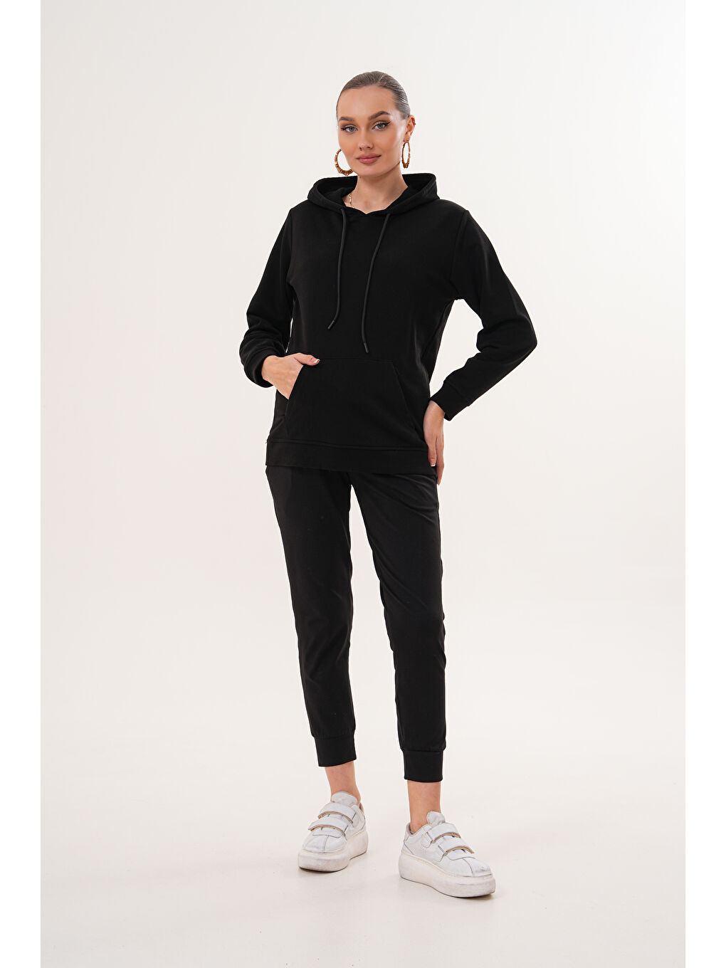 Siyah %100 Pamuk Hamile ve Lohusa Basic Kapüşonlu Sweatshirt-1