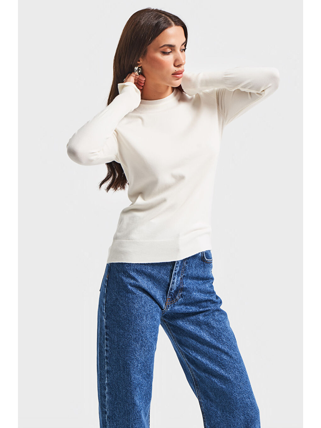 Kadın Ekru Renk w5-101 Örme Triko Kumaş Bisiklet Yaka Kol Aksesuarlı Triko-2