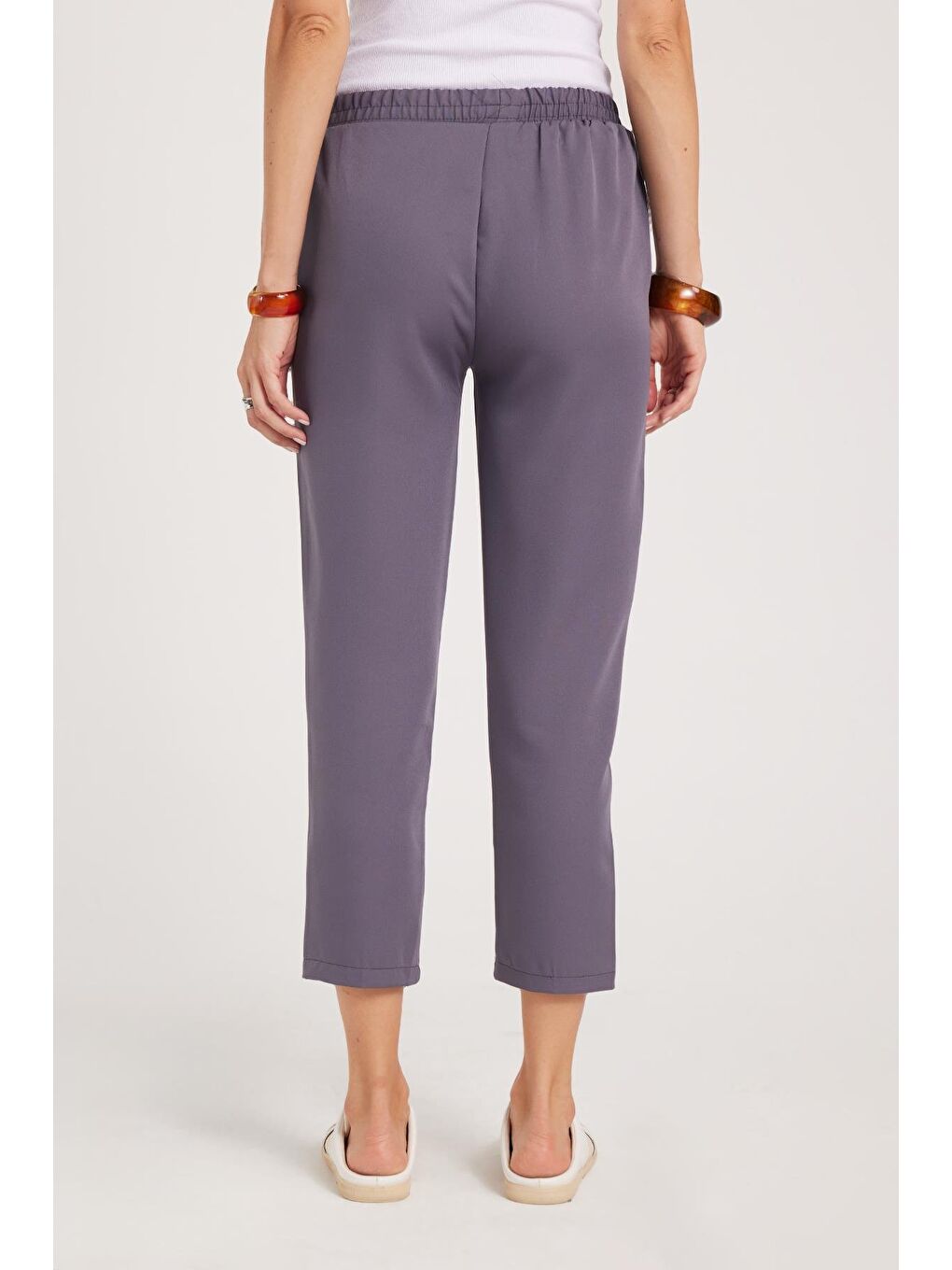 Kadın Relax Fit Rahat Kesim Yüksel Bel Dar Paça Beli Lastikli Bağcıklı Antrasit Pantolon-6