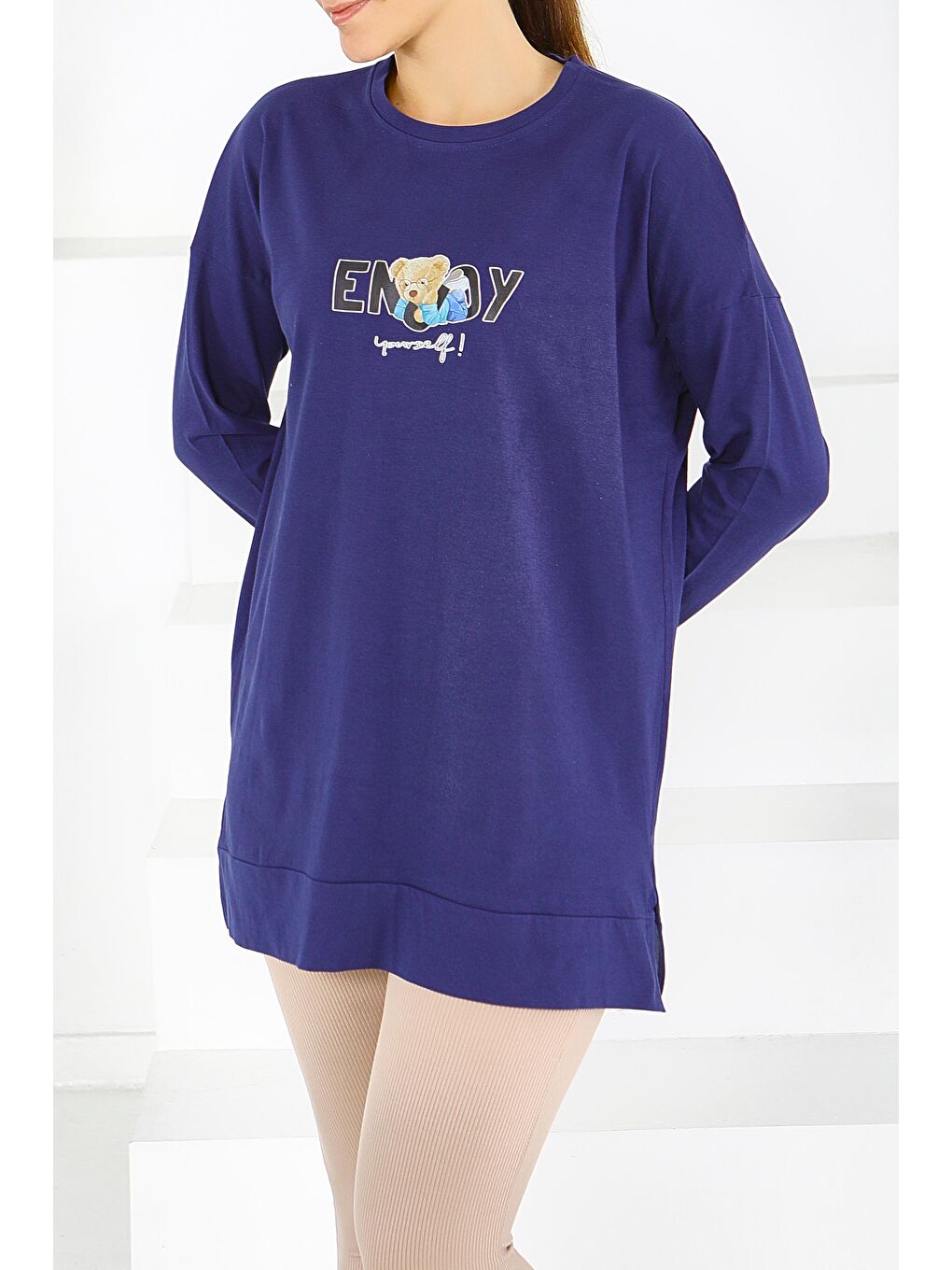 Uzun Kollu Baskılı Süprem Tunik Lacivert - 27589-1