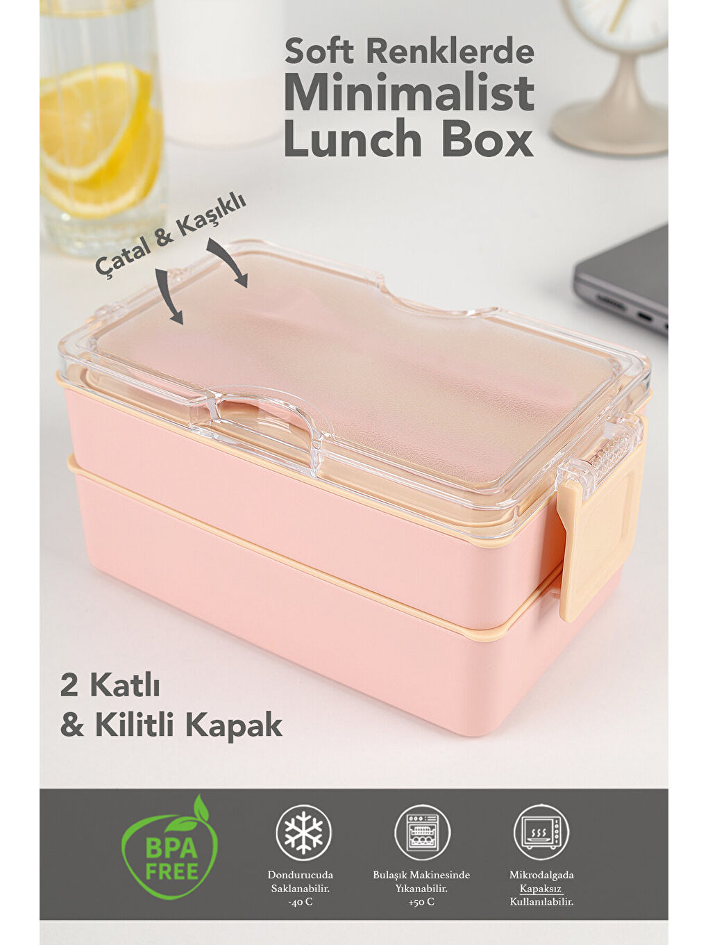 2 Katlı Kilitli Beslenme Kabı - Kendinden Çatal Kaşıklı Lunch Box Beslenme Kutusu Saklama Kabı Pembe-1