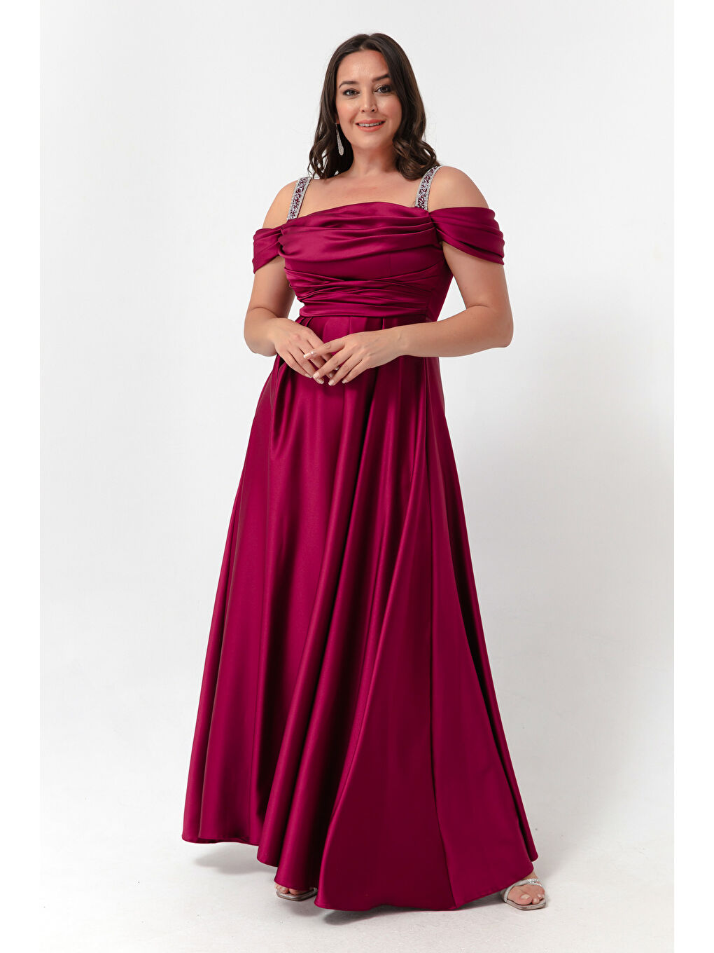 Kadın Mürdüm Taş Askılı Drapeli Büyük Beden Uzun Abiye Elbise-1