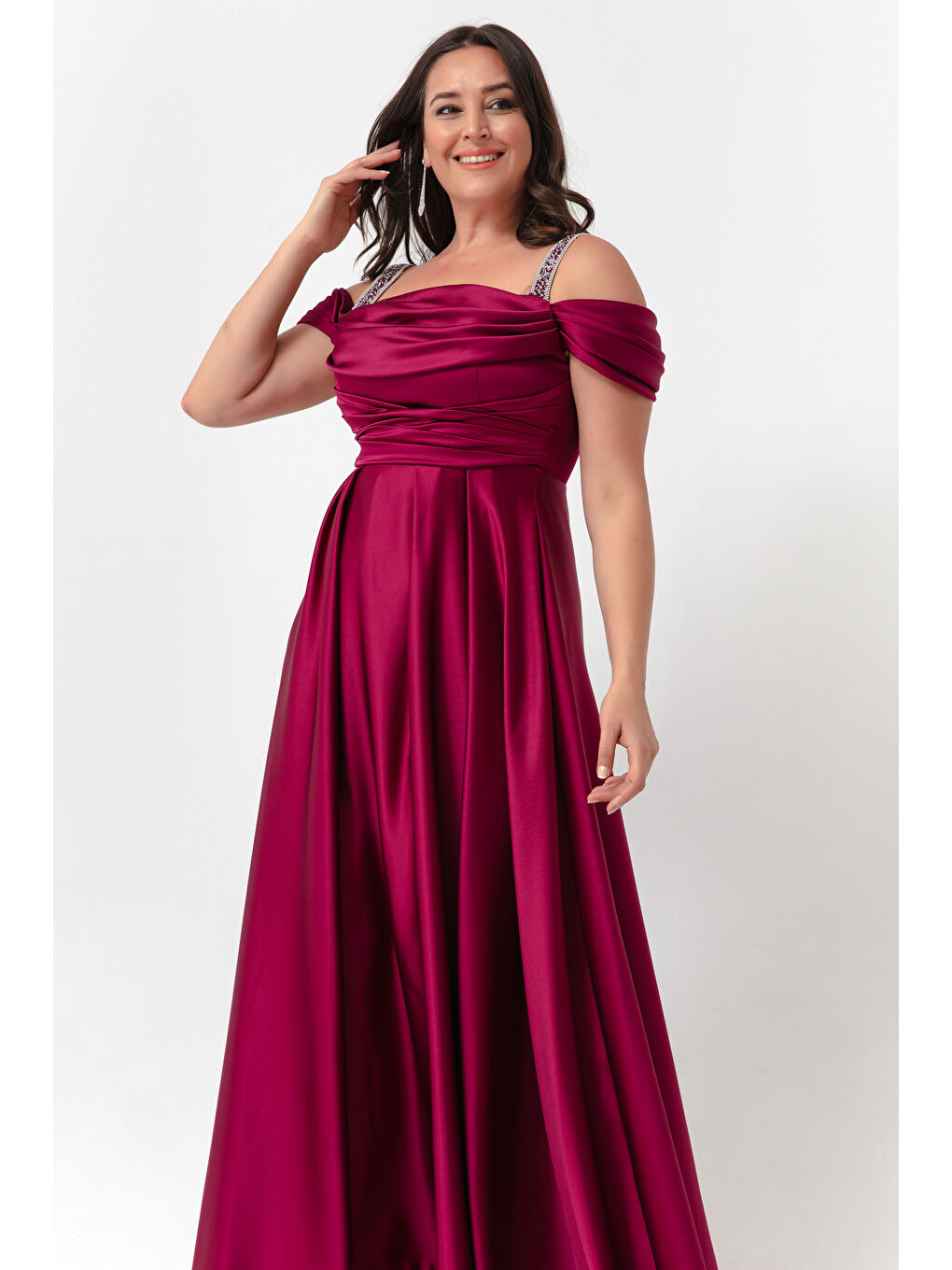 Kadın Mürdüm Taş Askılı Drapeli Büyük Beden Uzun Abiye Elbise-2