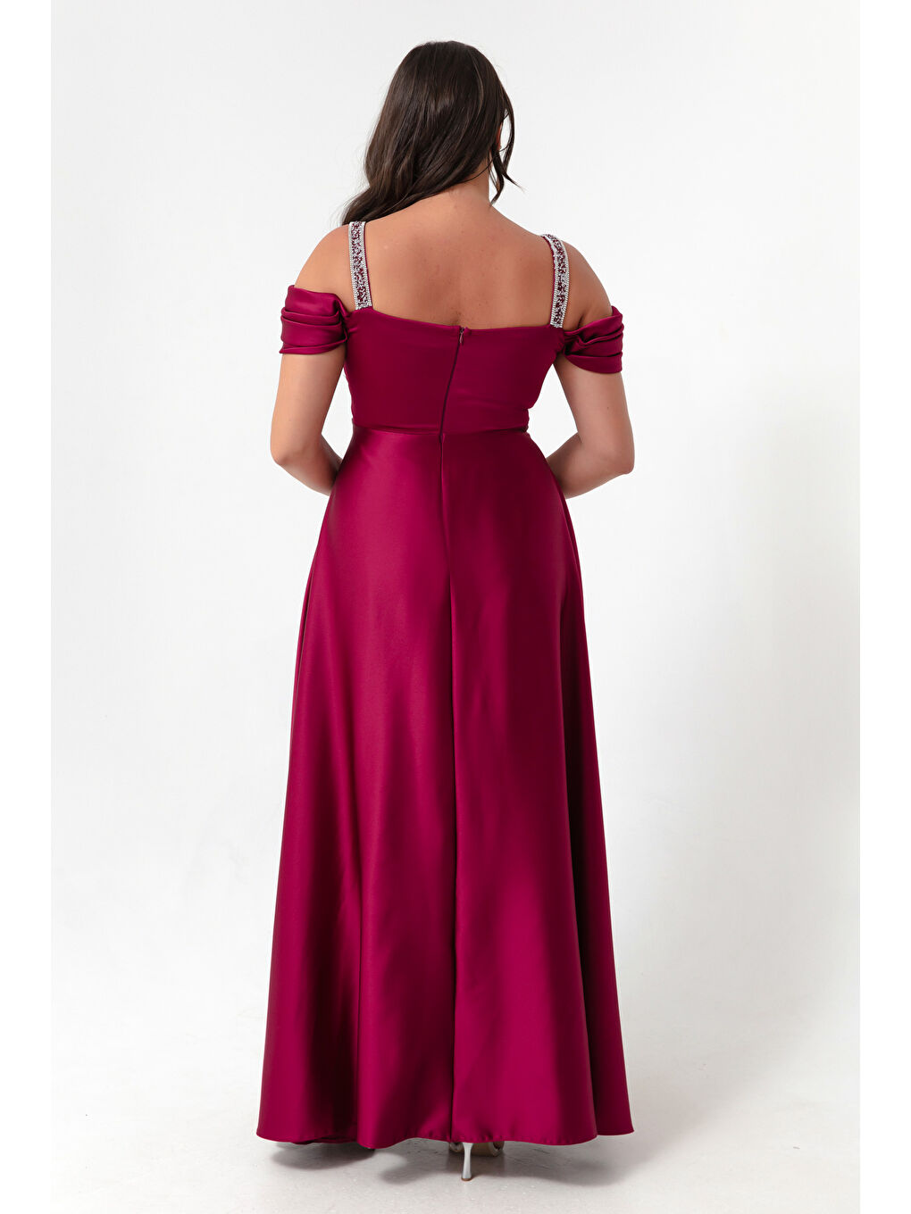 Kadın Mürdüm Taş Askılı Drapeli Büyük Beden Uzun Abiye Elbise-4