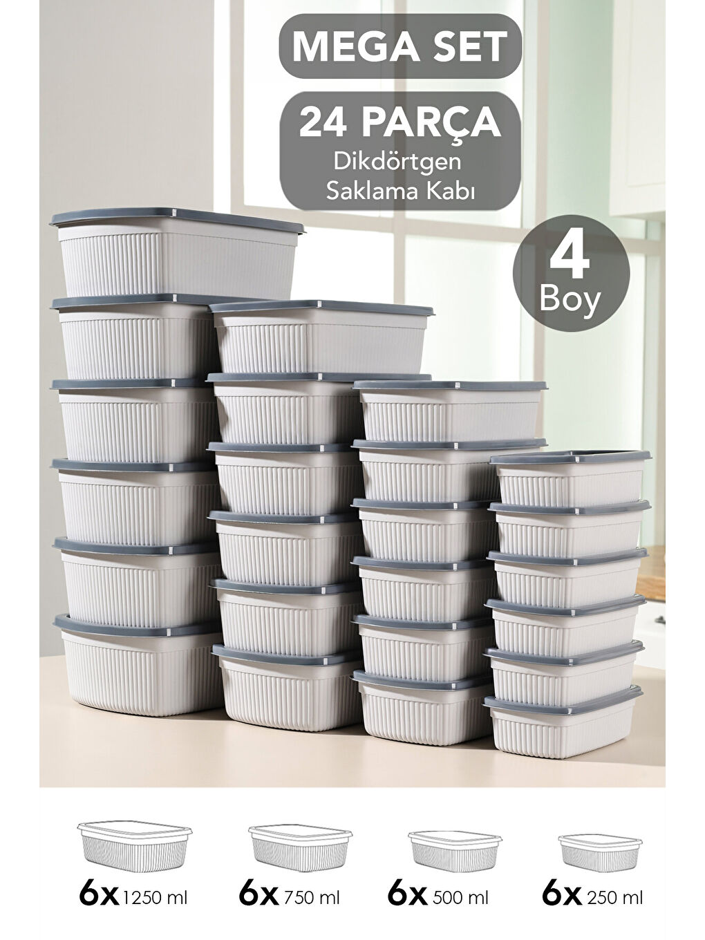 Gri 24'lü Çizgili Dikdörtgen Gıda Saklama Kabı Seti