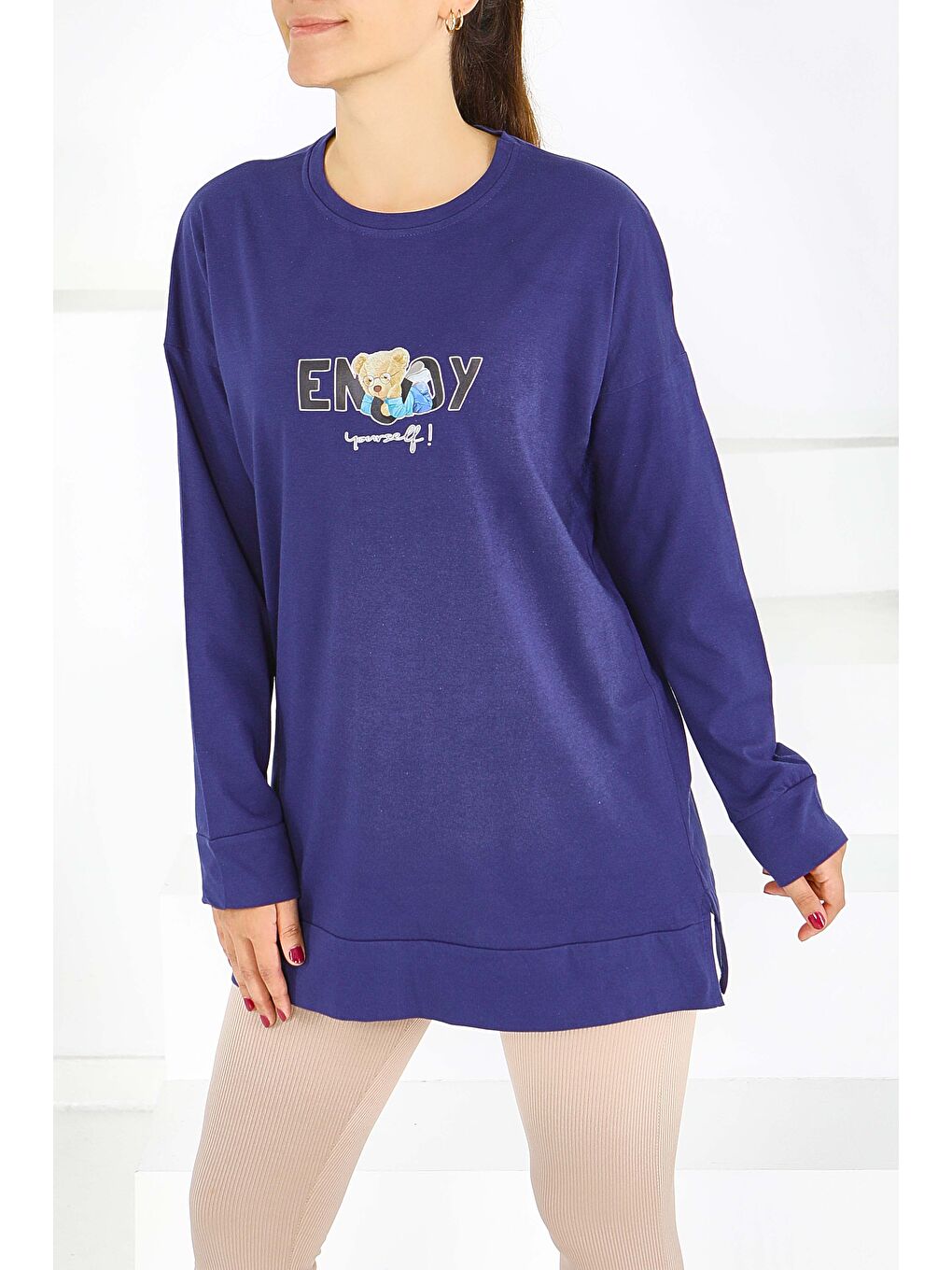 Uzun Kollu Baskılı Süprem Tunik Lacivert - 27589-2