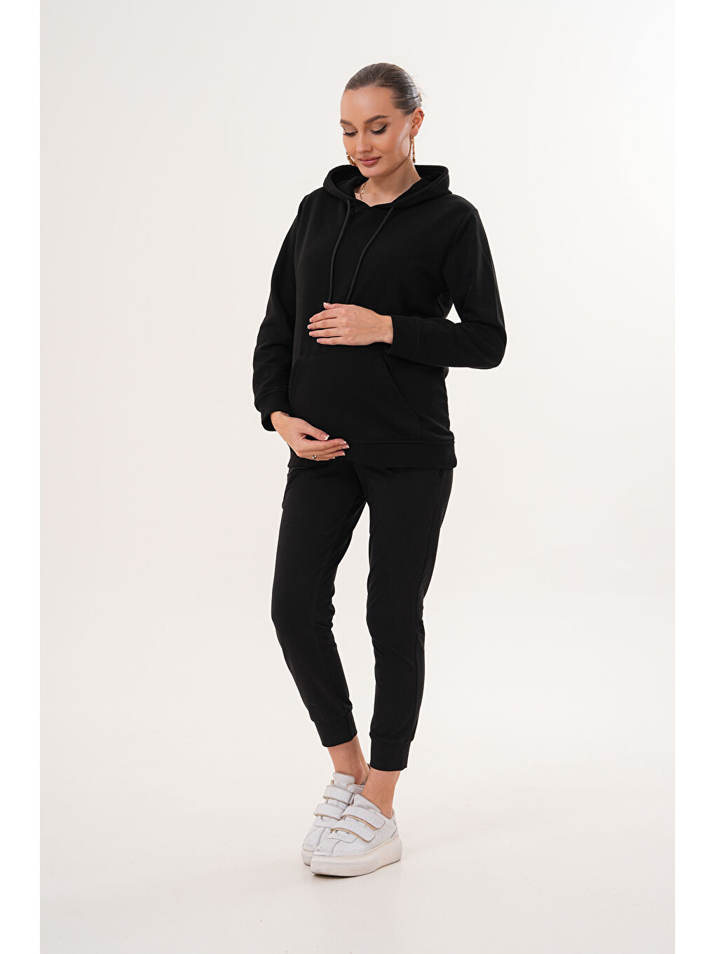 Siyah %100 Pamuk Hamile ve Lohusa Basic Kapüşonlu Sweatshirt-2