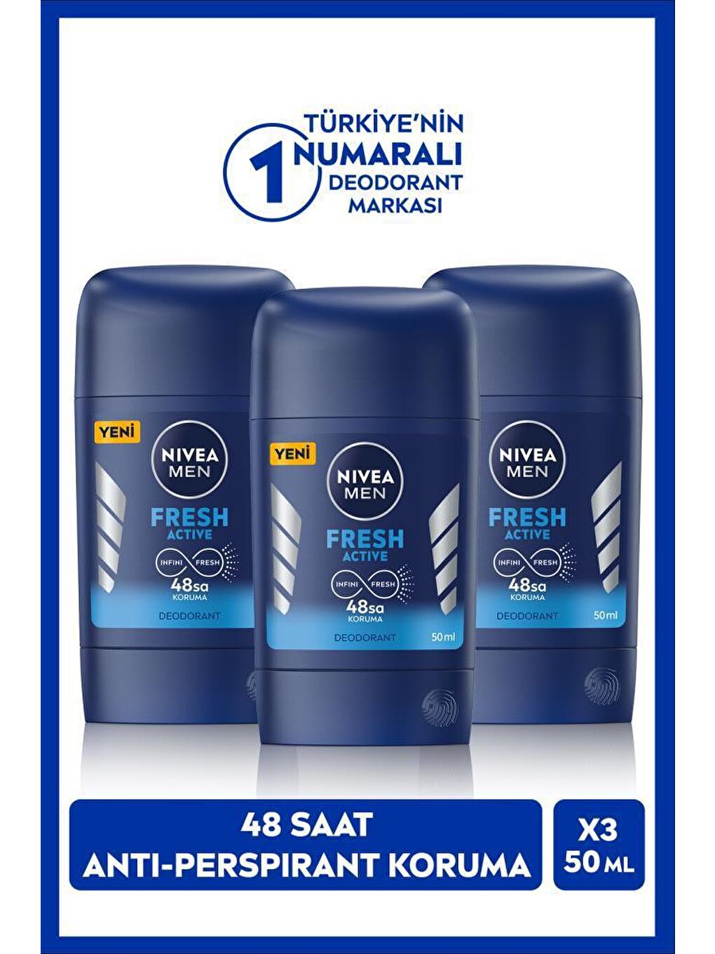 NIVEA MEN Erkek Stick Deodorant Fresh Active 50ml, 48 Saat Koruma, X3 Adet