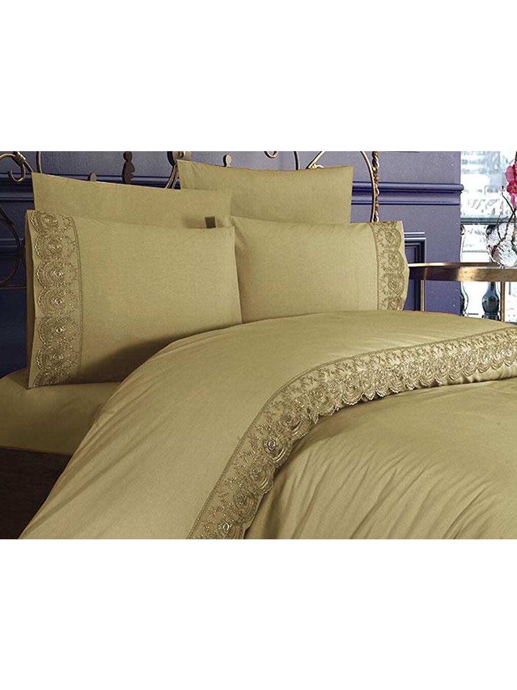 Kahverengi Fransız Dantelli Kure Çeyizlik Nevresim Takımı Cappucino-1