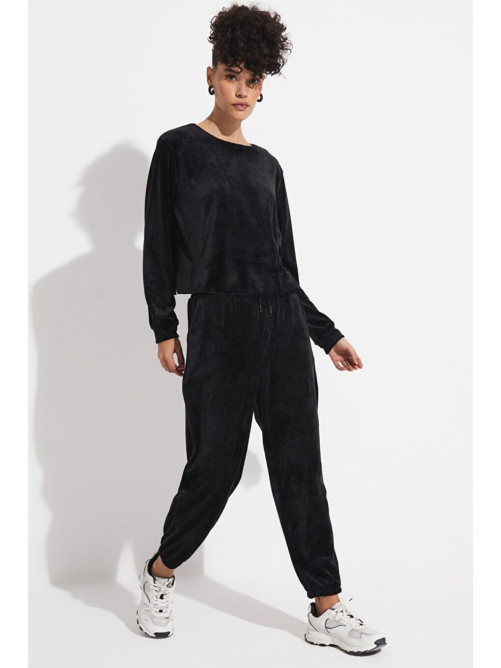 Siyah Kadife Sweatshirt Eşofman Takım