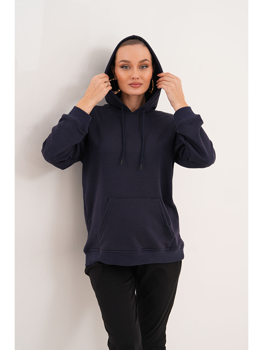 Lacivert %100 Pamuk Hamile ve Lohusa Basic Kapüşonlu Sweatshirt-6