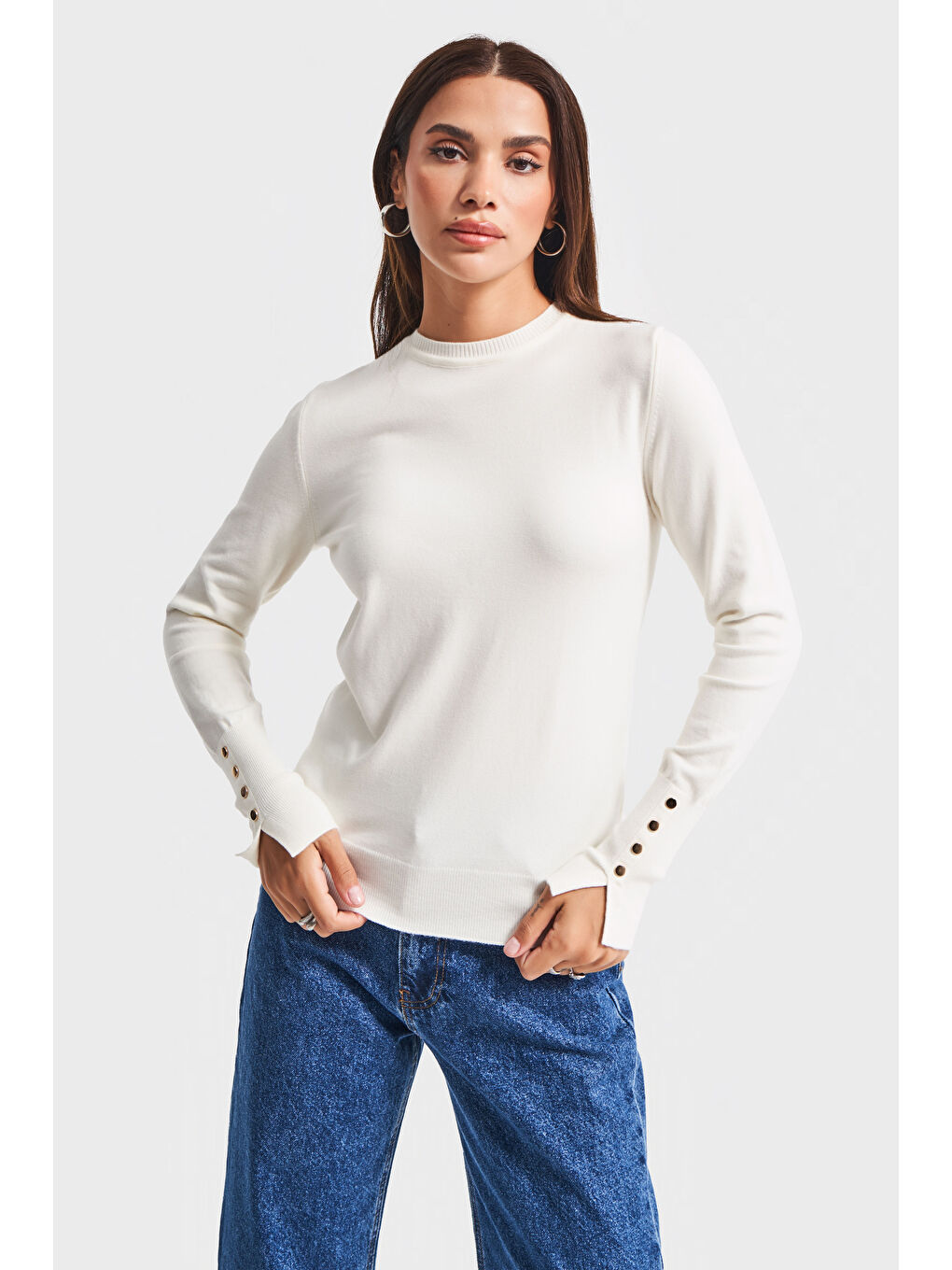 Kadın Ekru Renk w5-101 Örme Triko Kumaş Bisiklet Yaka Kol Aksesuarlı Triko-3