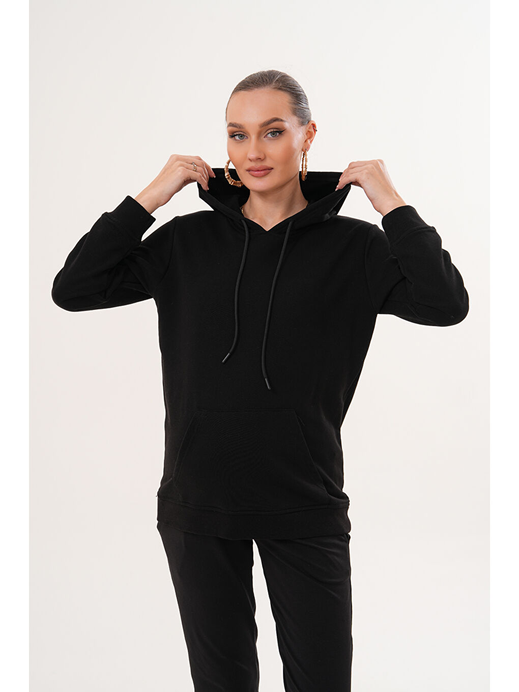 Siyah %100 Pamuk Hamile ve Lohusa Basic Kapüşonlu Sweatshirt-3