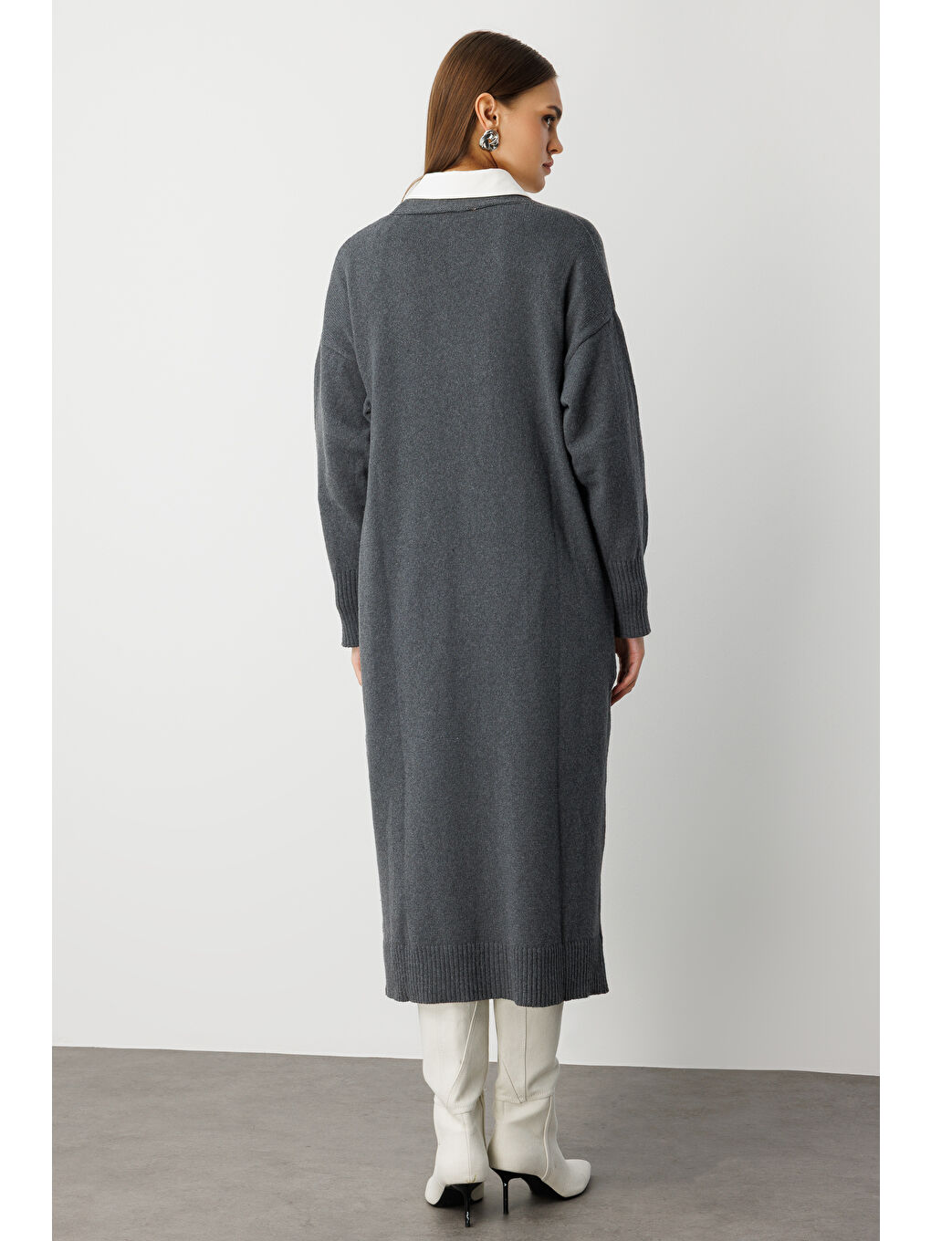 Oversize V Yaka Uzun Gri Triko Hırka-3