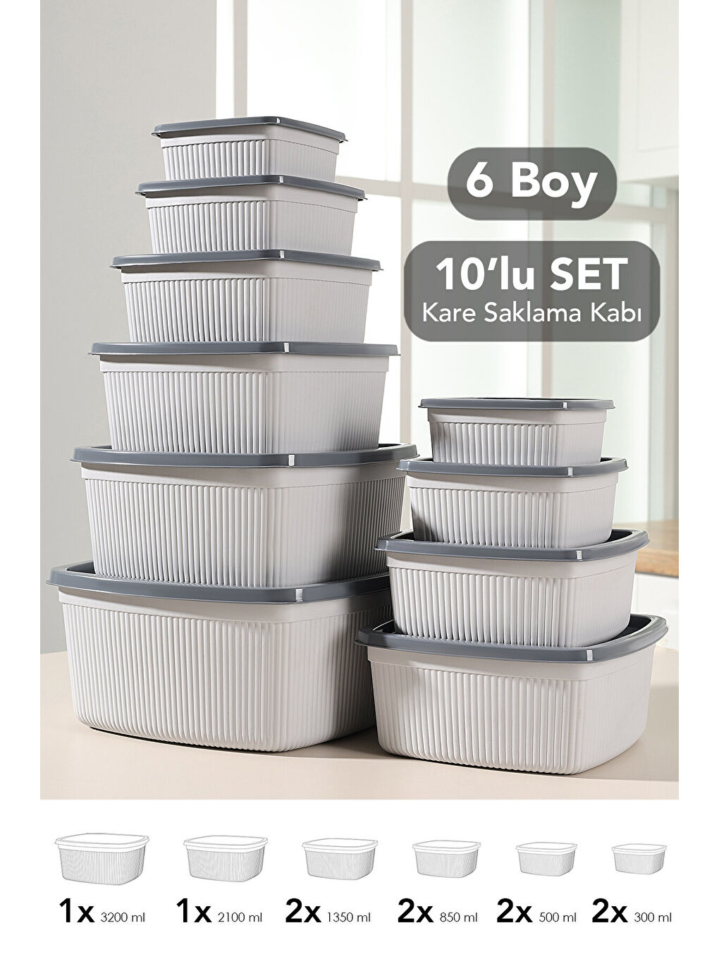 Gri 10'lu Çizgili Kare Erzak Gıda Saklama Kabı Seti