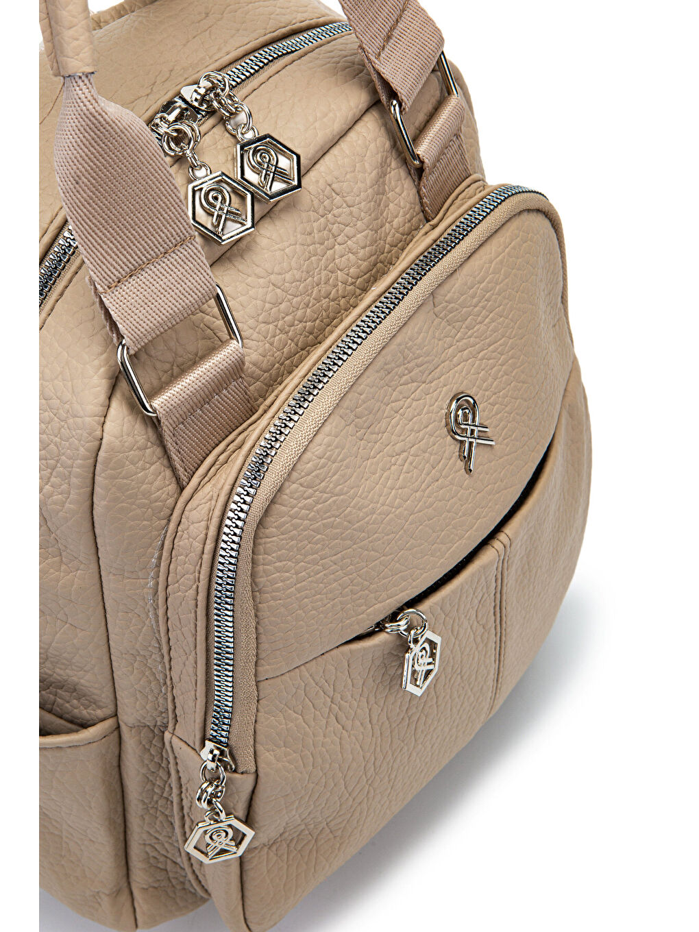 Bej Çok Gözlü Suni Deri Bucky Sırt Çanta Vizon-3