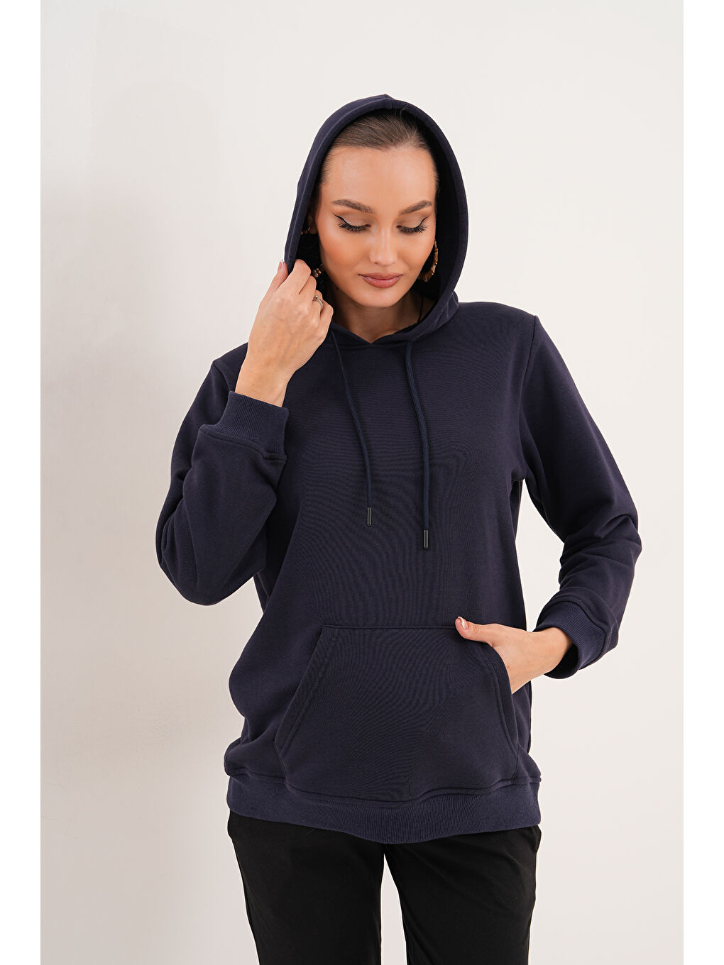 Lacivert %100 Pamuk Hamile ve Lohusa Basic Kapüşonlu Sweatshirt-7