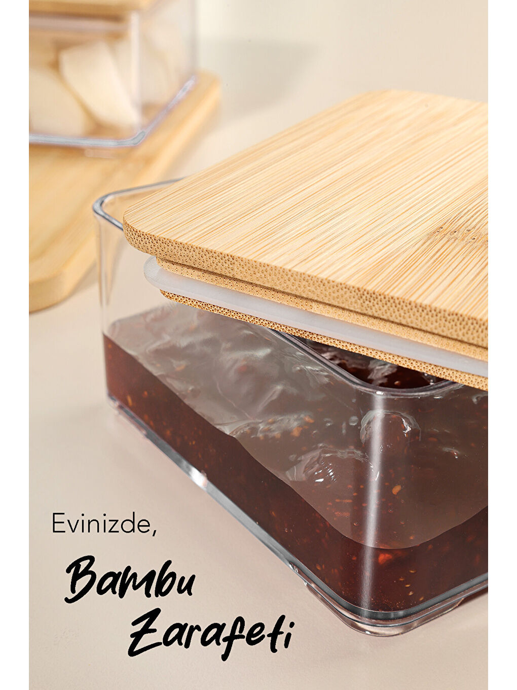 Bej Bambu Kapak Kapaklı Saklama Kabı 400 ml-3