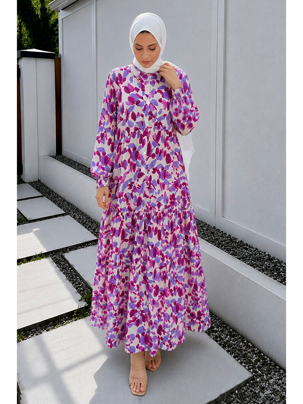 Pat Detaylı Yaprak Desenli Elbise Tsd260261 Fuşya-4