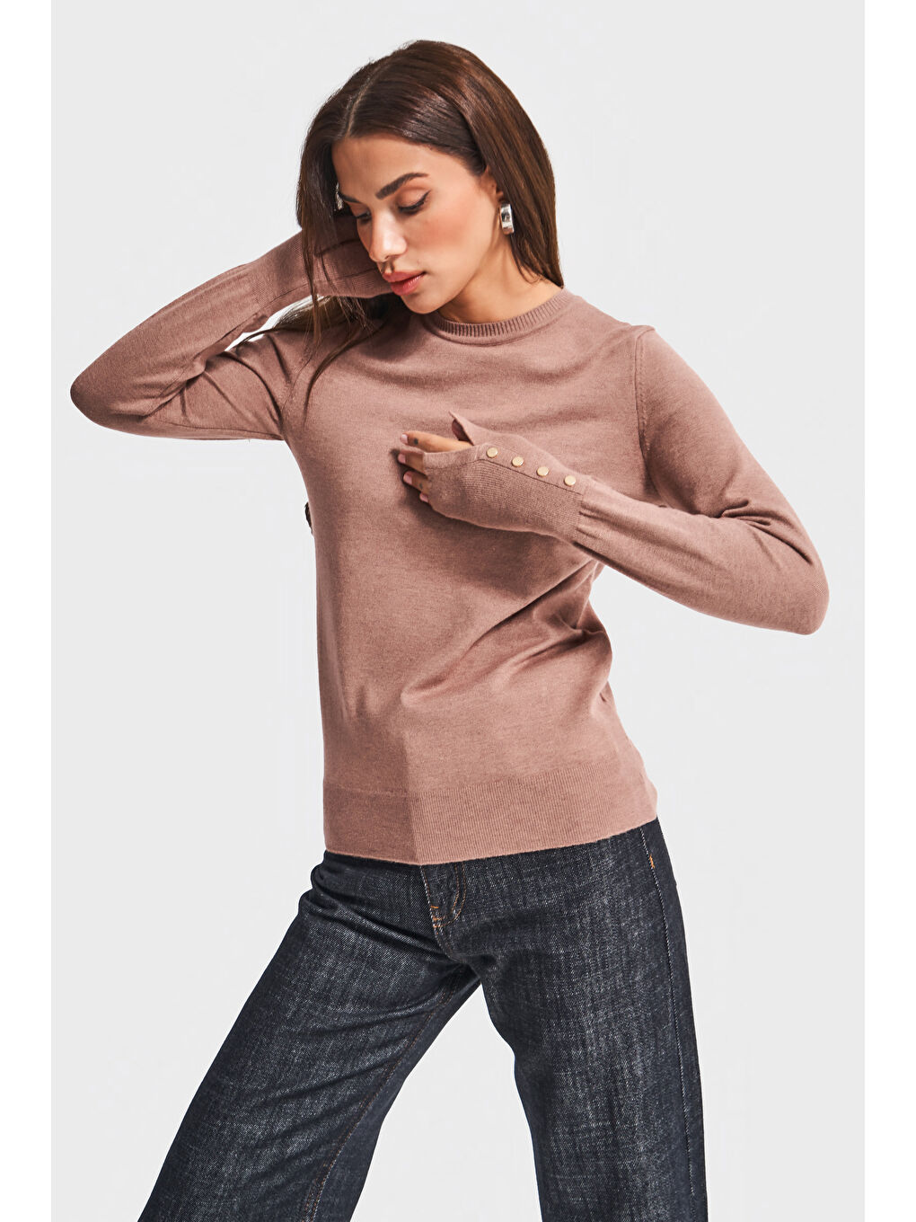 Kahverengi Kadın Kahve Renk w5-76 Örme Triko Kumaş Bisiklet Yaka Kol Aksesuarlı Triko-3