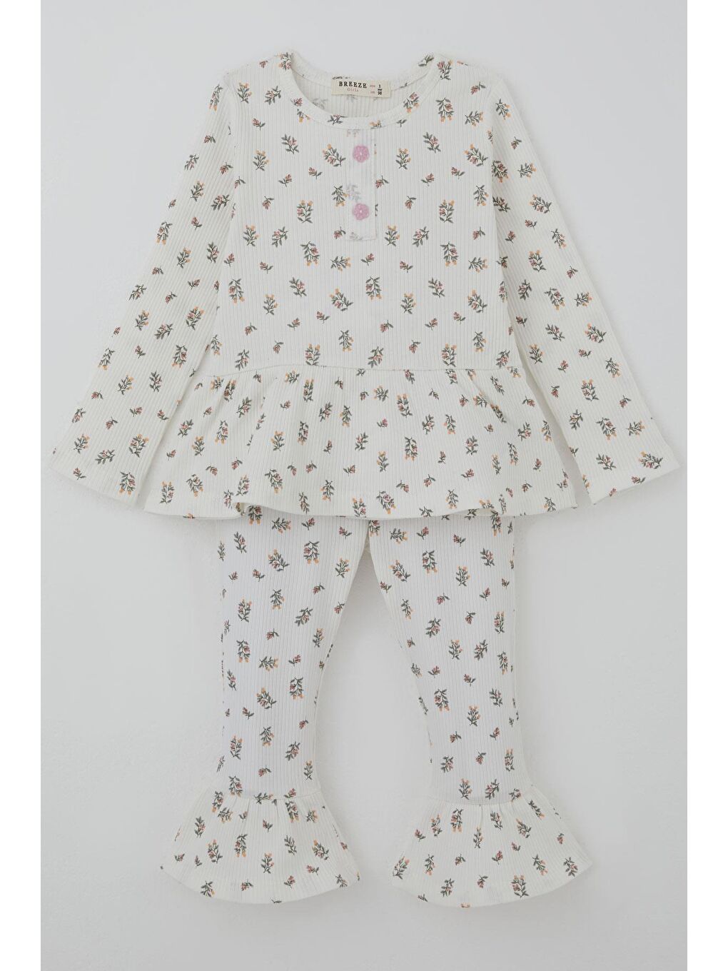 Kız Çocuk Taytlı Takım Çiçek Desenli Paça Kısmı Fırfır Detaylı Beyaz (3-7 Yaş)