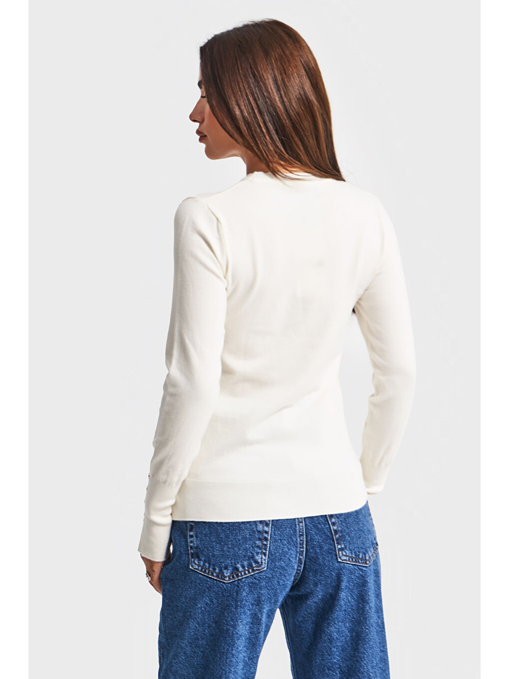 Kadın Ekru Renk w5-101 Örme Triko Kumaş Bisiklet Yaka Kol Aksesuarlı Triko-4